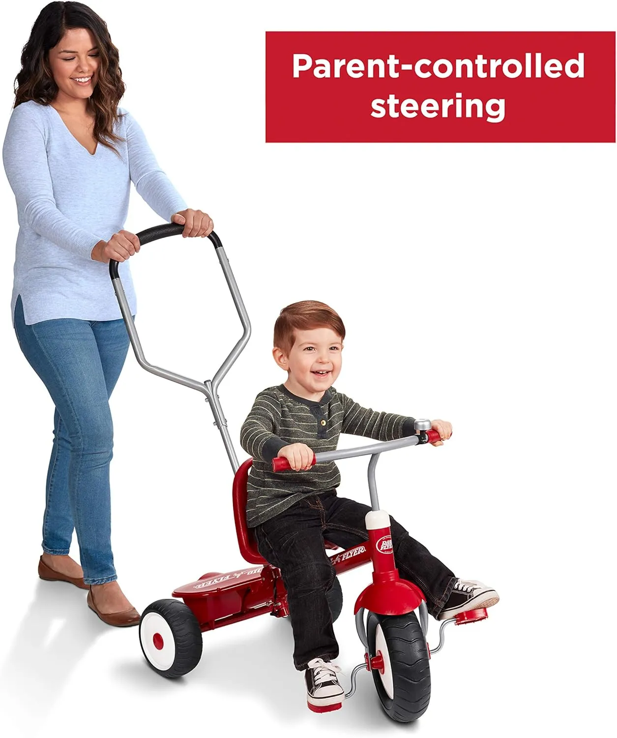 Radio Flyer Deluxe Steer & Stroll Kids Tricycle, Toddler Trike for Ages 2-5, Red