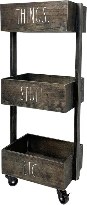 Rae Dunn 3 Tier Wheeled Organizer – Wood Caddy - Chic and Stylish Portable Wood Storage Bin for Office, Home or Kitchen