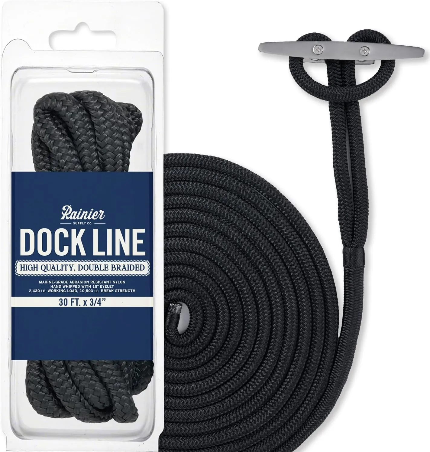 RainierSupplyCo Dock Lines - Boat Rope for Docking with Loop - 30 ft x 3/4 Inch Premium Double Braided Nylon Marine Rope - Mooring Line with 18" Eyelet - Boat Accessories - Black
