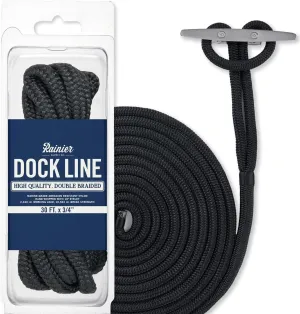 RainierSupplyCo Dock Lines - Boat Rope for Docking with Loop - 30 ft x 3/4 Inch Premium Double Braided Nylon Marine Rope - Mooring Line with 18" Eyelet - Boat Accessories - Black