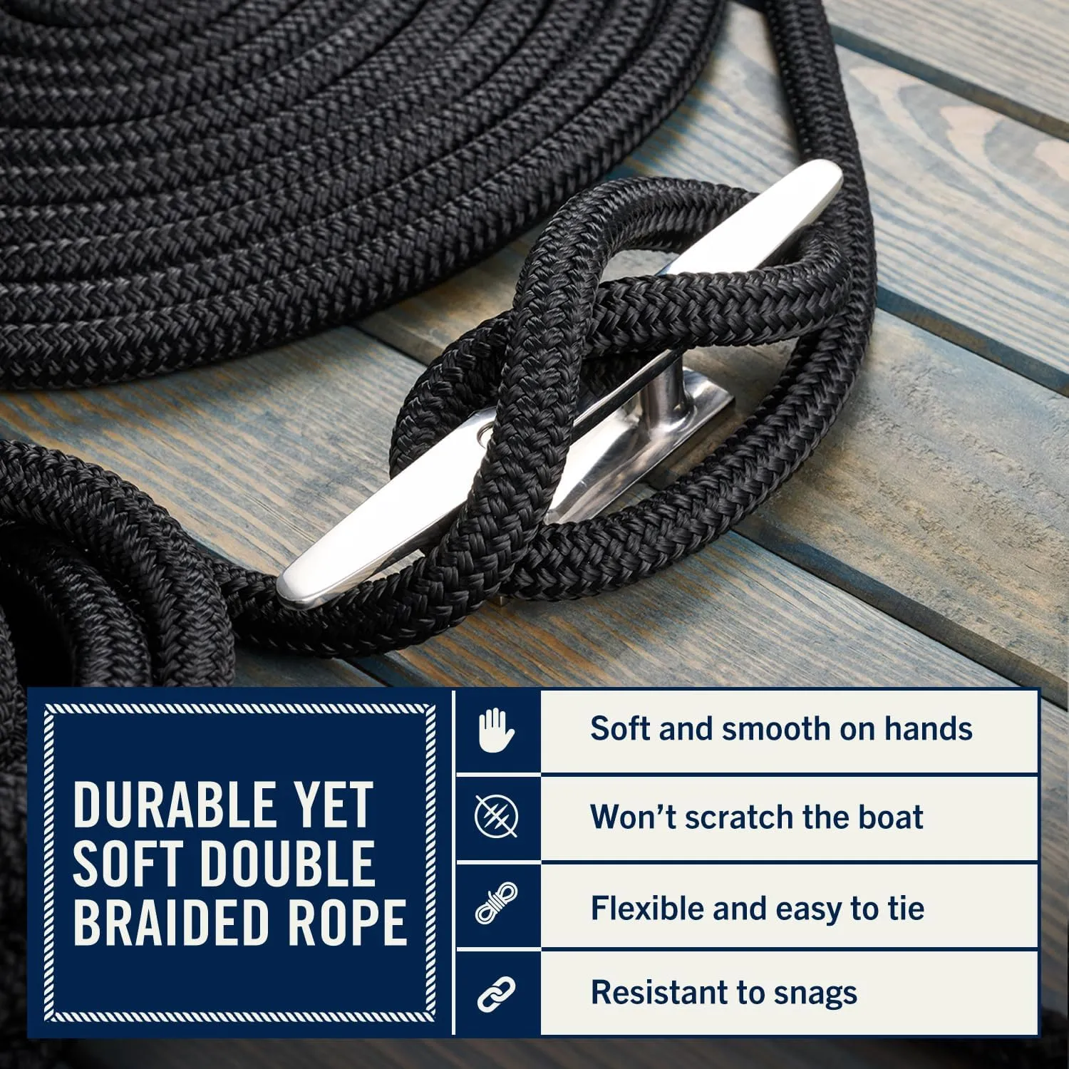 RainierSupplyCo Dock Lines - Boat Rope for Docking with Loop - 30 ft x 3/4 Inch Premium Double Braided Nylon Marine Rope - Mooring Line with 18" Eyelet - Boat Accessories - Black