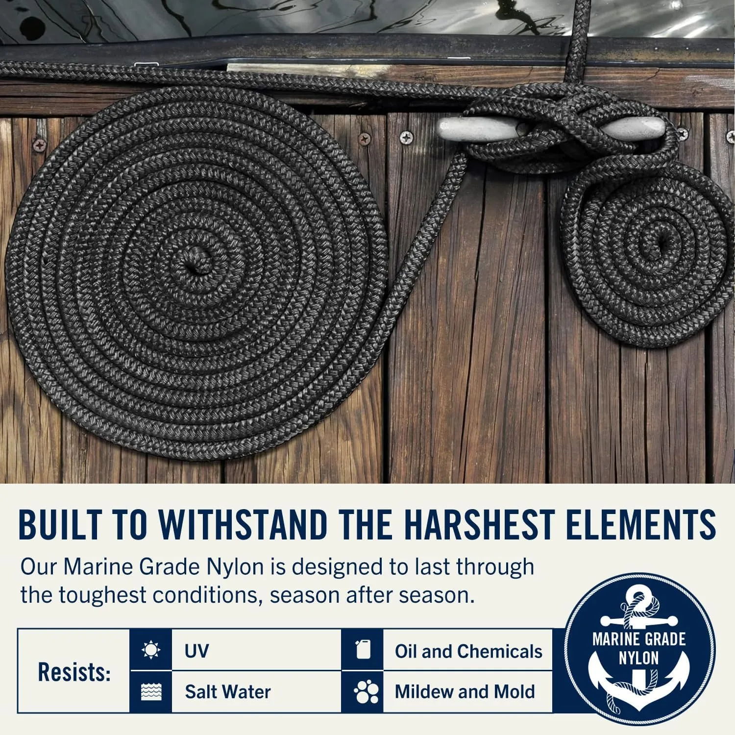 RainierSupplyCo Dock Lines - Boat Rope for Docking with Loop - 30 ft x 3/4 Inch Premium Double Braided Nylon Marine Rope - Mooring Line with 18" Eyelet - Boat Accessories - Black
