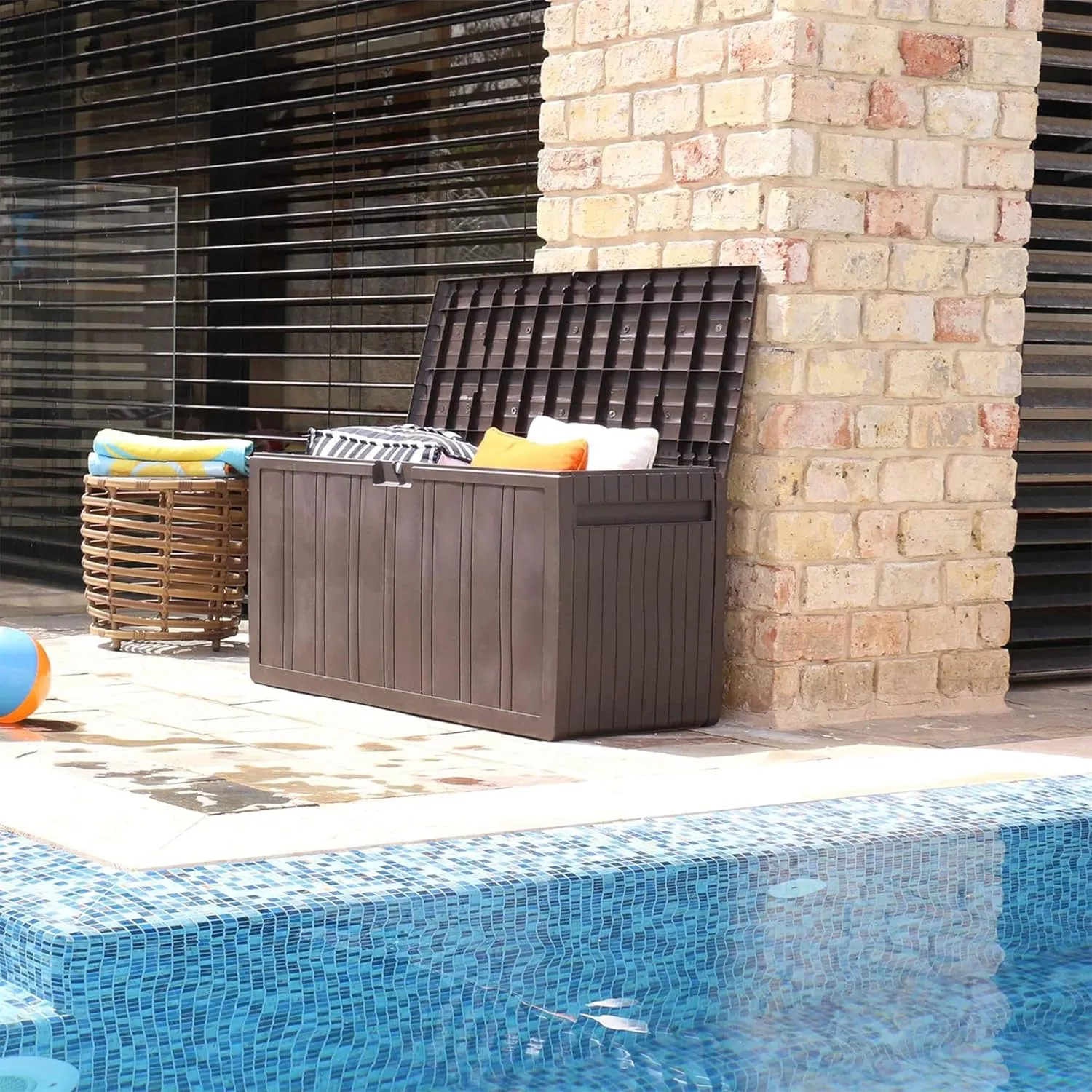 Ram Quality Products 71 Gallon Plastic Outdoor Backyard Storage Bin Deck Box for Patio Furniture Cushions,Tools, and Pool Accessories, Brown