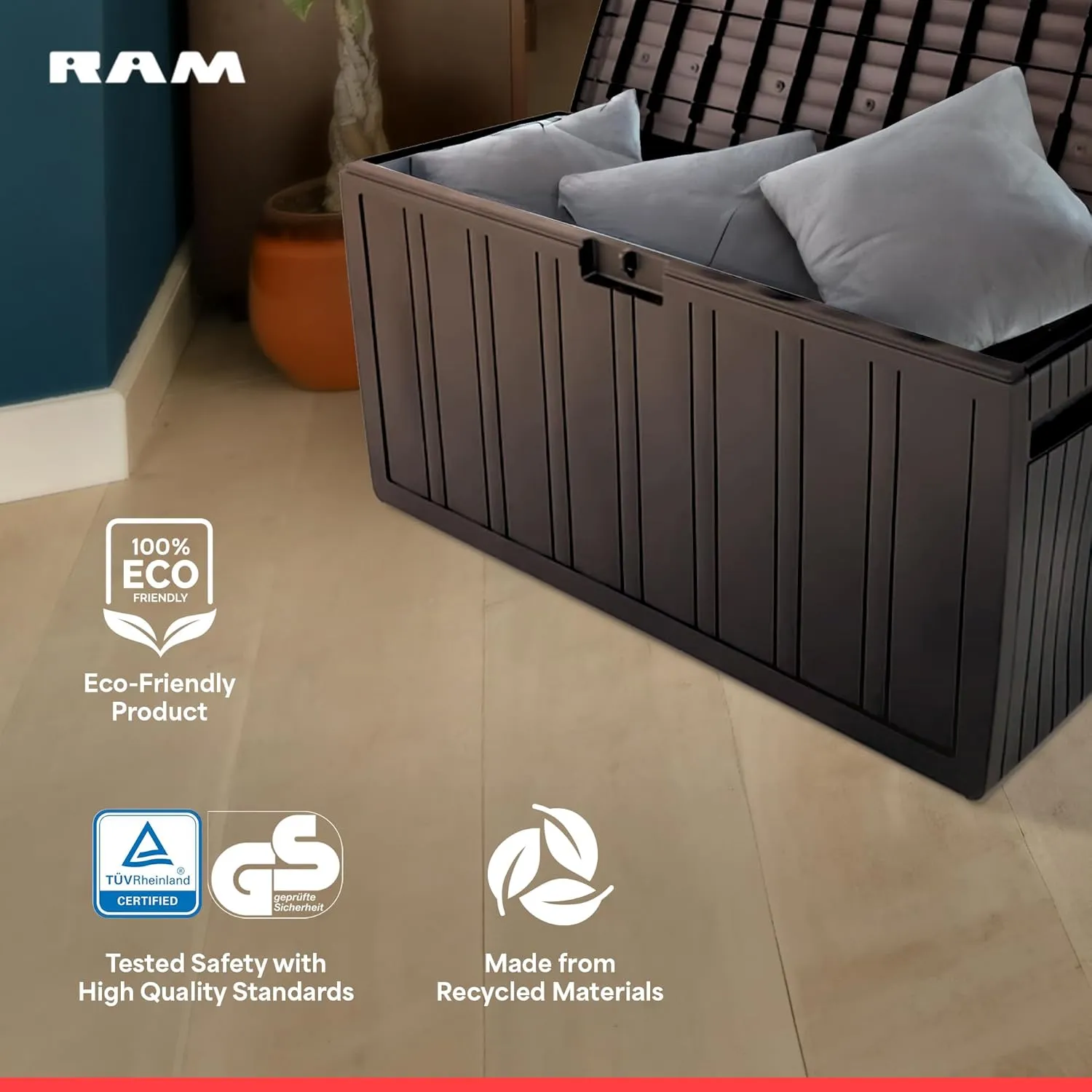 Ram Quality Products 71 Gallon Plastic Outdoor Backyard Storage Bin Deck Box for Patio Furniture Cushions,Tools, and Pool Accessories, Brown
