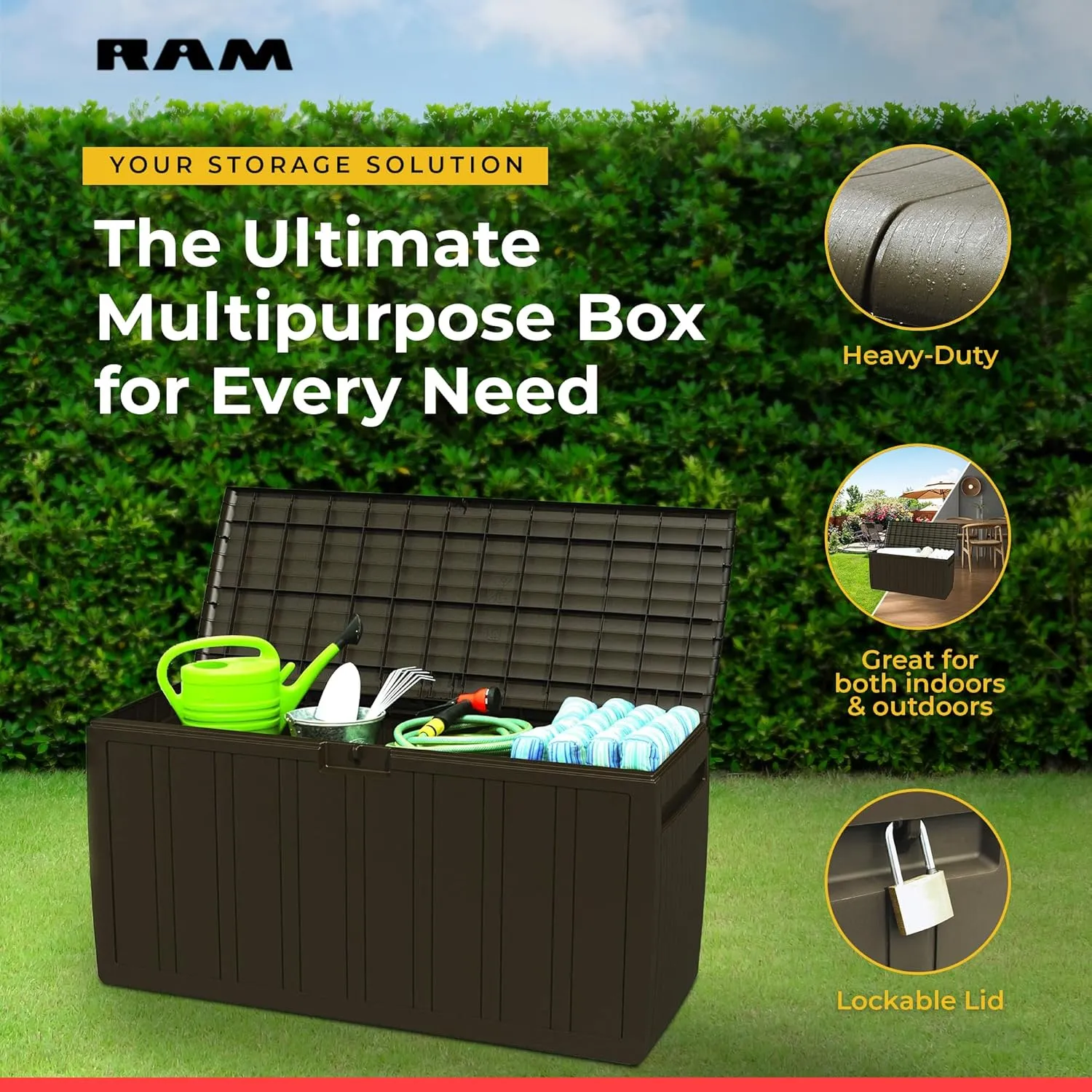 Ram Quality Products 71 Gallon Plastic Outdoor Backyard Storage Bin Deck Box for Patio Furniture Cushions,Tools, and Pool Accessories, Brown