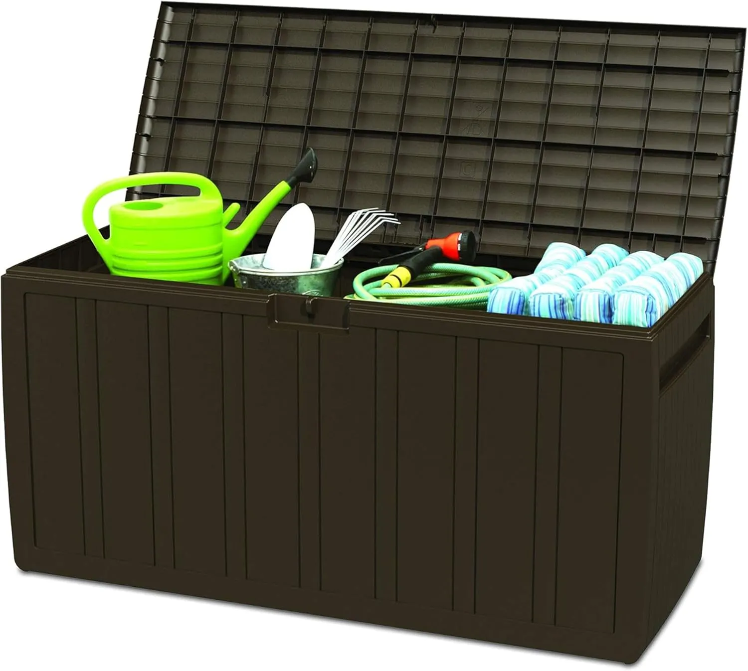 Ram Quality Products 71 Gallon Plastic Outdoor Backyard Storage Bin Deck Box for Patio Furniture Cushions,Tools, and Pool Accessories, Brown