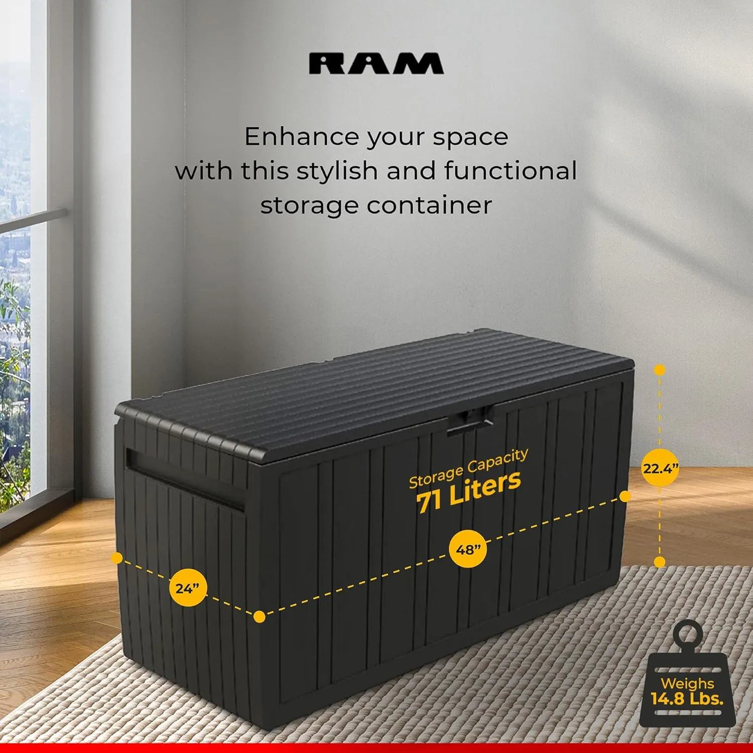 Ram Quality Products 71 Gallon Plastic Outdoor Backyard Storage Bin Deck Box for Patio Furniture Cushions,Tools, and Pool Accessories, Brown