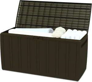 Ram Quality Products 71 Gallon Plastic Outdoor Backyard Storage Bin Deck Box for Patio Furniture Cushions,Tools, and Pool Accessories, Brown