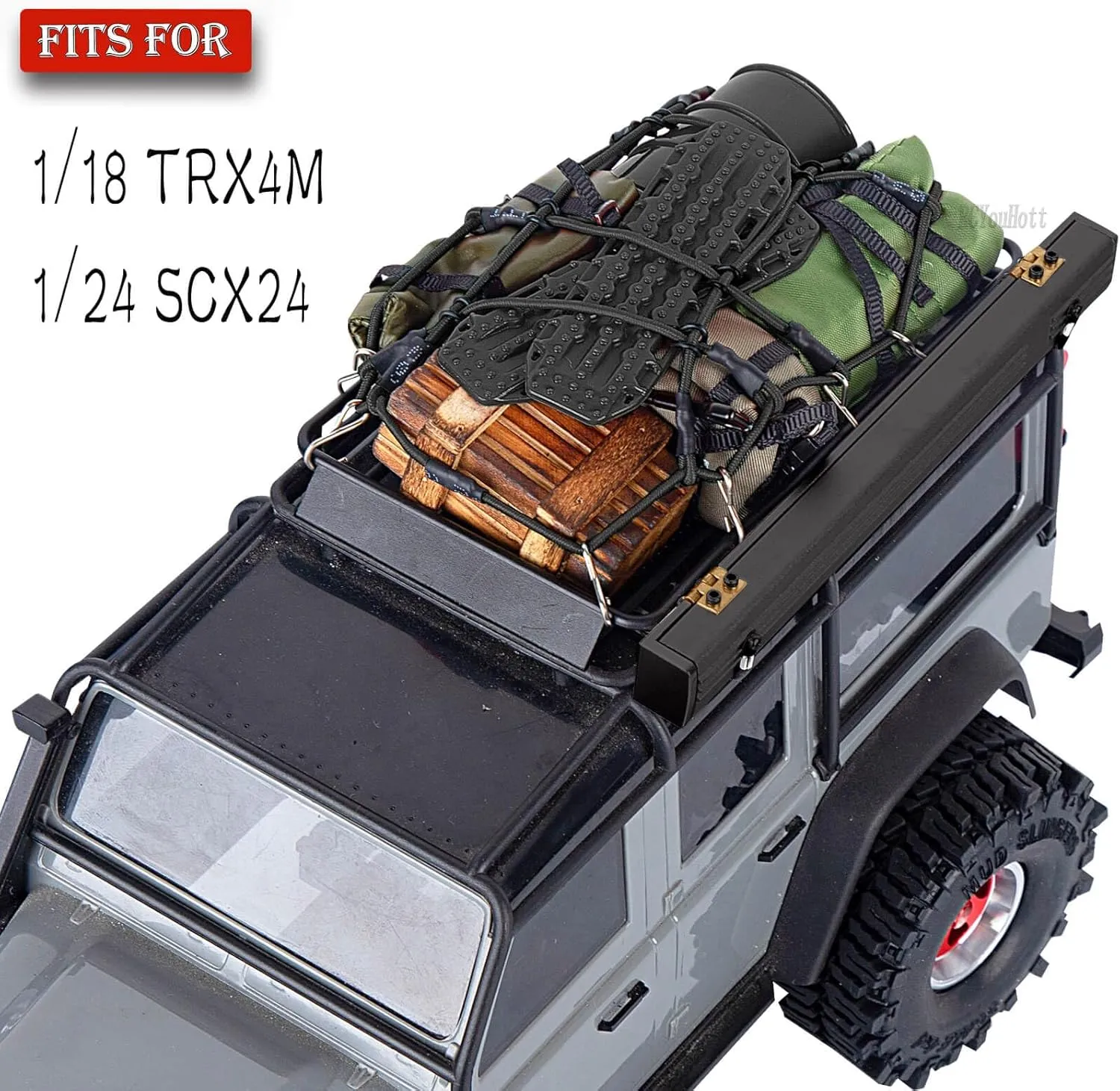 RC Crawler Car Decoration Upgrade Parts for 1/18 TRX4M 1/24 SCX24,Luggage Net/Package/Luggage/Sleeping Bag/Fuel Tank/Shovel/Oil Drum/Sand Ladder/Roof Awning,(Green,Black)