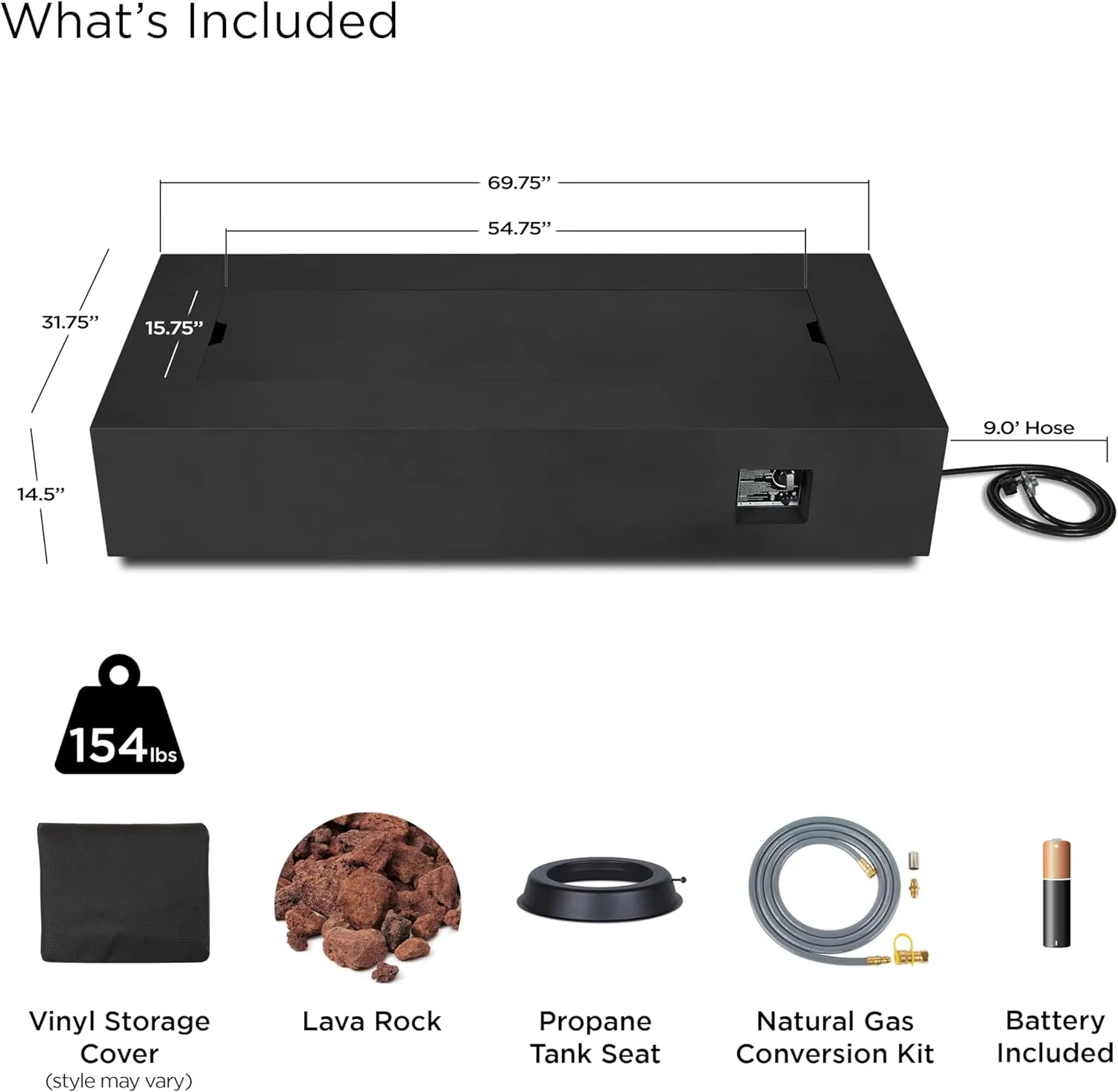 Real Flame Aegean 70in Rectangle Propane or Natural Gas Fire Pit Table, 65,000 BTU, Powder-Coated Steel, Push-Button Ignition, CSA Certified, Lava Rock, Storage Cover, Stainless Steel Burner with Lid