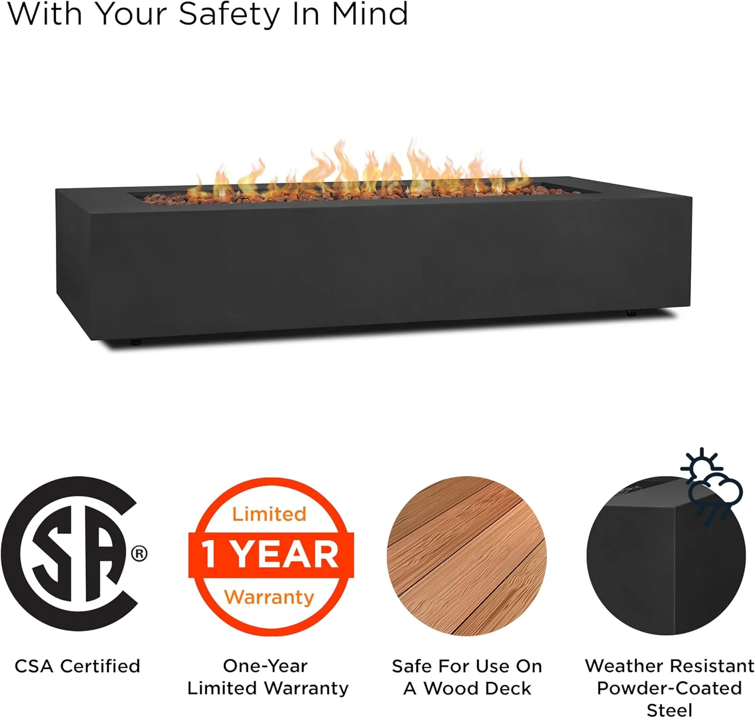Real Flame Aegean 70in Rectangle Propane or Natural Gas Fire Pit Table, 65,000 BTU, Powder-Coated Steel, Push-Button Ignition, CSA Certified, Lava Rock, Storage Cover, Stainless Steel Burner with Lid