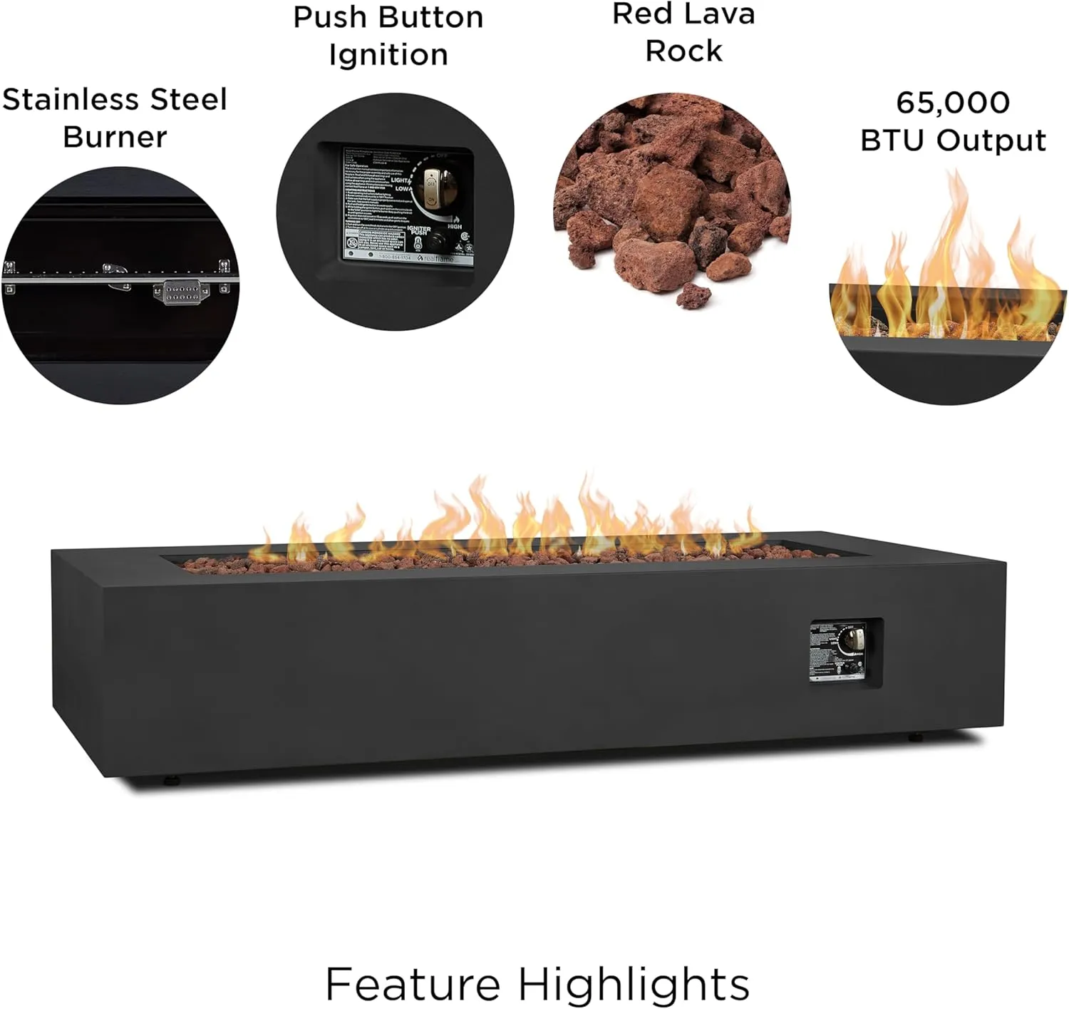 Real Flame Aegean 70in Rectangle Propane or Natural Gas Fire Pit Table, 65,000 BTU, Powder-Coated Steel, Push-Button Ignition, CSA Certified, Lava Rock, Storage Cover, Stainless Steel Burner with Lid