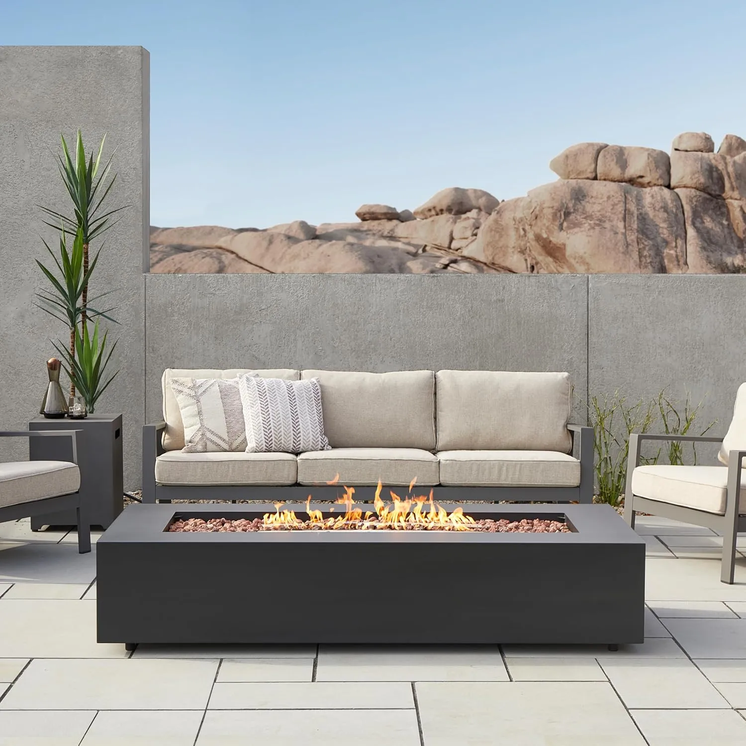 Real Flame Aegean 70in Rectangle Propane or Natural Gas Fire Pit Table, 65,000 BTU, Powder-Coated Steel, Push-Button Ignition, CSA Certified, Lava Rock, Storage Cover, Stainless Steel Burner with Lid