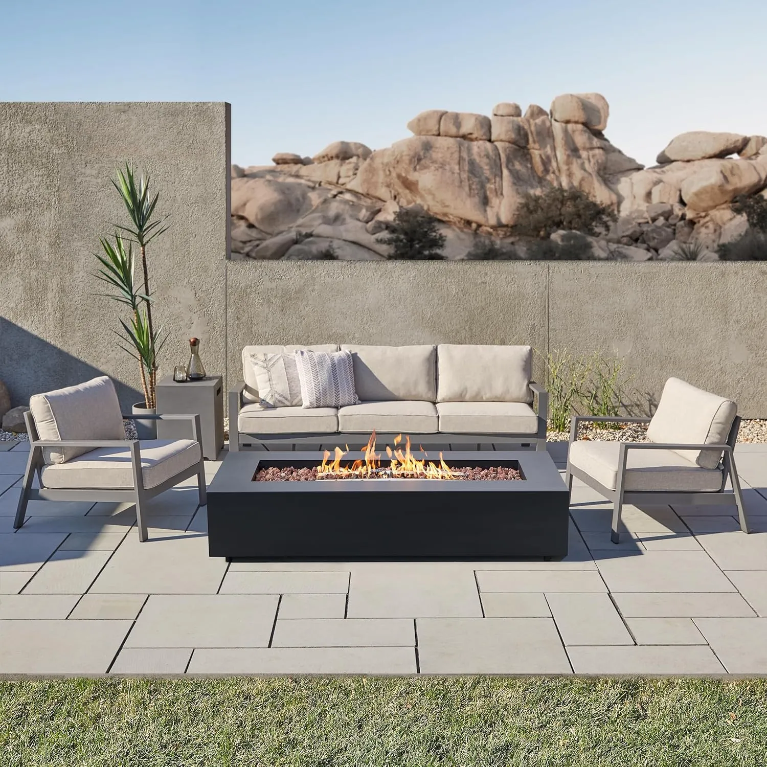 Real Flame Aegean 70in Rectangle Propane or Natural Gas Fire Pit Table, 65,000 BTU, Powder-Coated Steel, Push-Button Ignition, CSA Certified, Lava Rock, Storage Cover, Stainless Steel Burner with Lid
