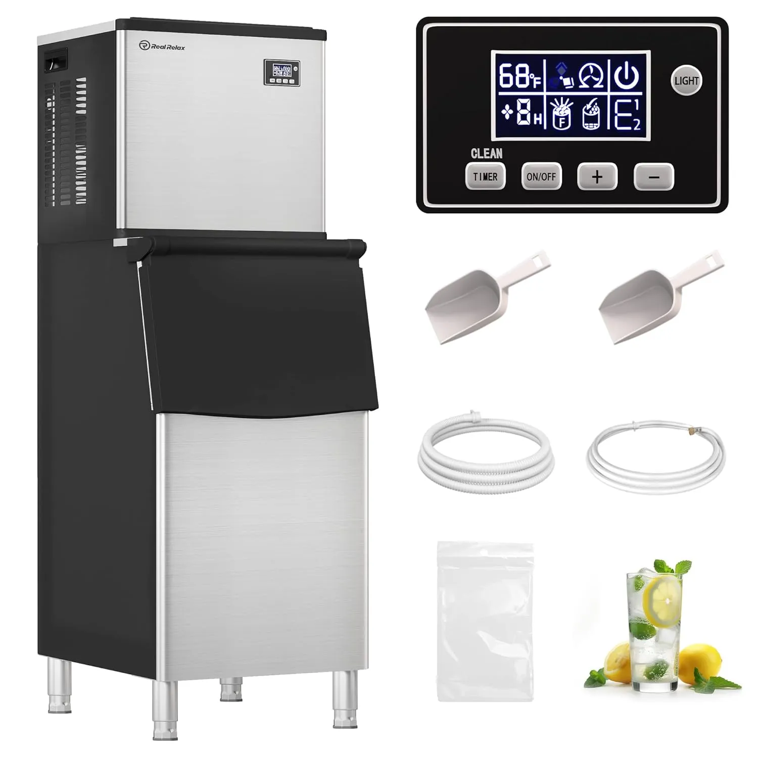 Real Relax Commercial Ice Machine 360LBS/24H, ETL Approved Industrial Ice Maker Machine with 200 LBS Storage Bin, Ice Scoop, Auto Self-Cleaning, LCD Display for Restaurant Bar Café