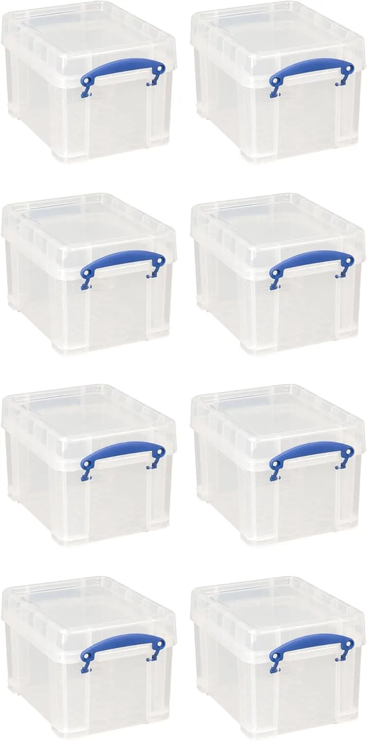 Really Useful Box 3 Liter Plastic Snap Lid Storage Bin for Music Storage, Office and General Home Organization, 8 Pack, Clear