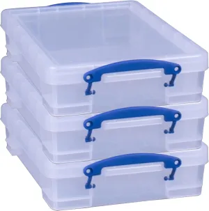 Really Useful Box 4 Liter Plastic Stackable Storage Container w/Snap Lid & Built-In Clip Lock Handles for Home & Office Organization, Clear (3 Pack)