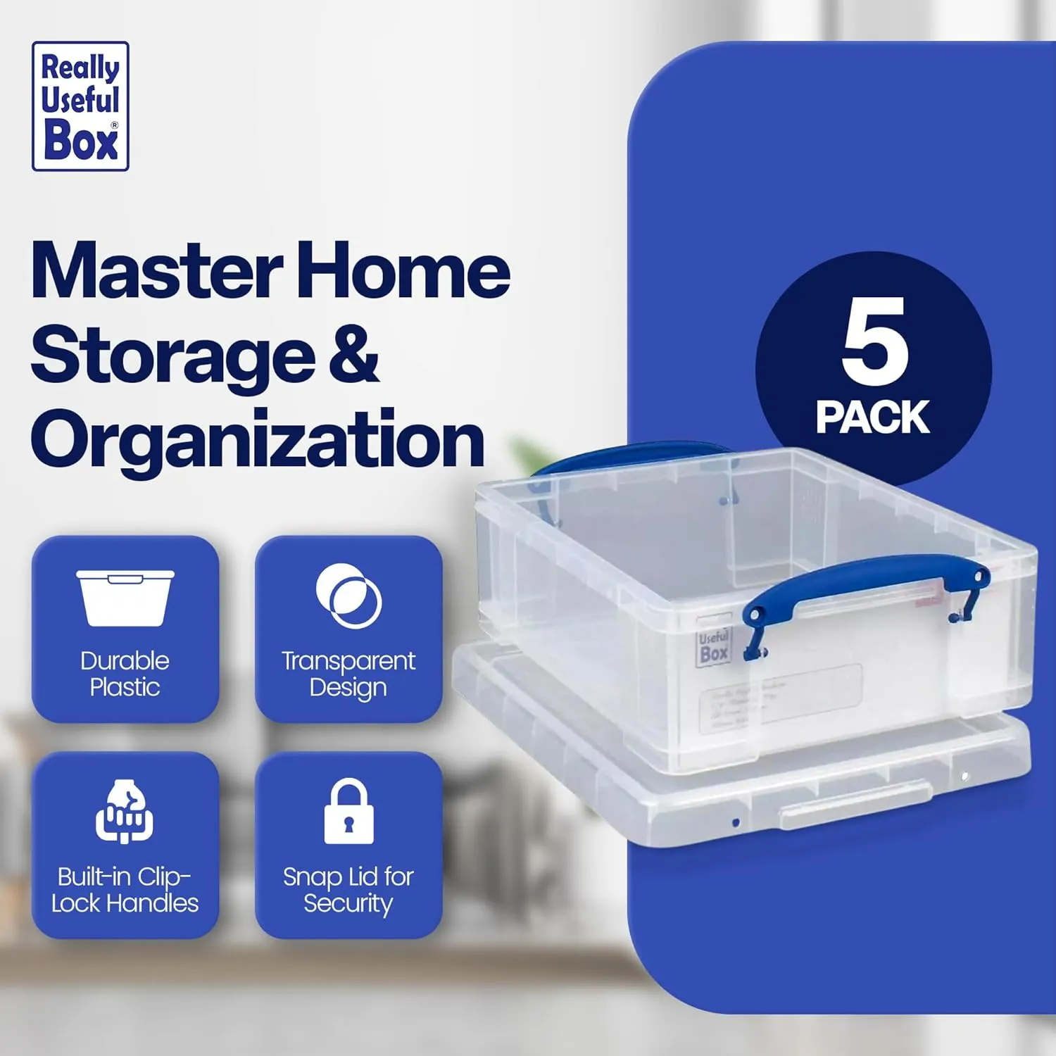 Really Useful Box Stackable 8.1 Liter Plastic Storage Container Bin with Snap Lid & Built-In Clip Lock Handles for Home & Office Organization (5 Pack)