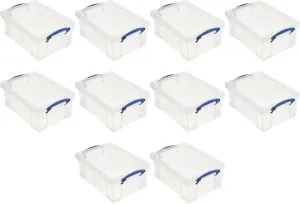 Really Useful Box Stackable 9 Liter Plastic Storage Container Bin with Snap Lid & Built-In Clip Lock Handles for Home & Office Organization (10 Pack)