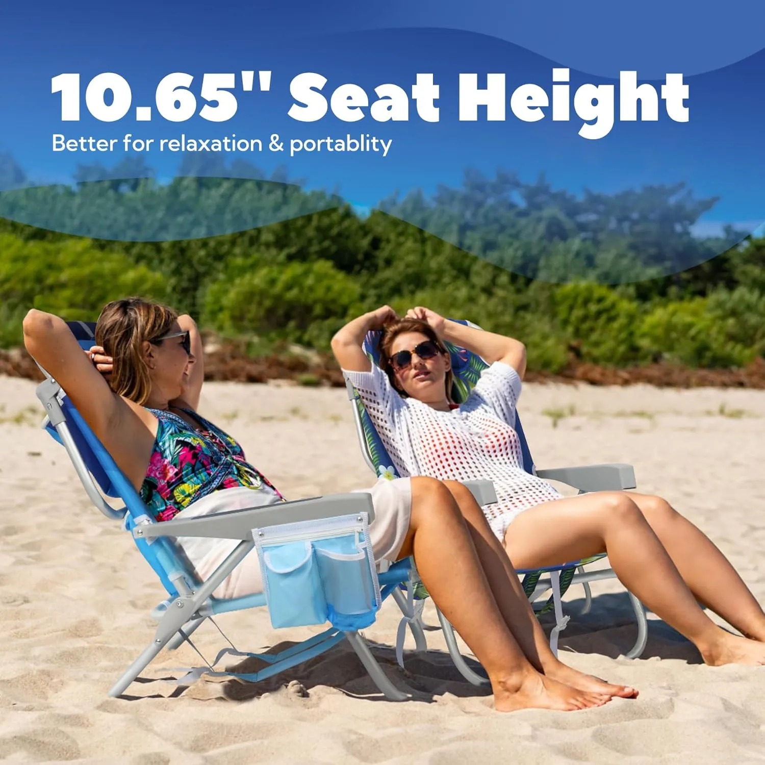Reclining Low Beach Chairs for Adults 2 Pack with Backpack Straps, Portable Beach Chair with Cup Holder & Large Cooler Storage Bag Support 300LBS, Tropical Palm