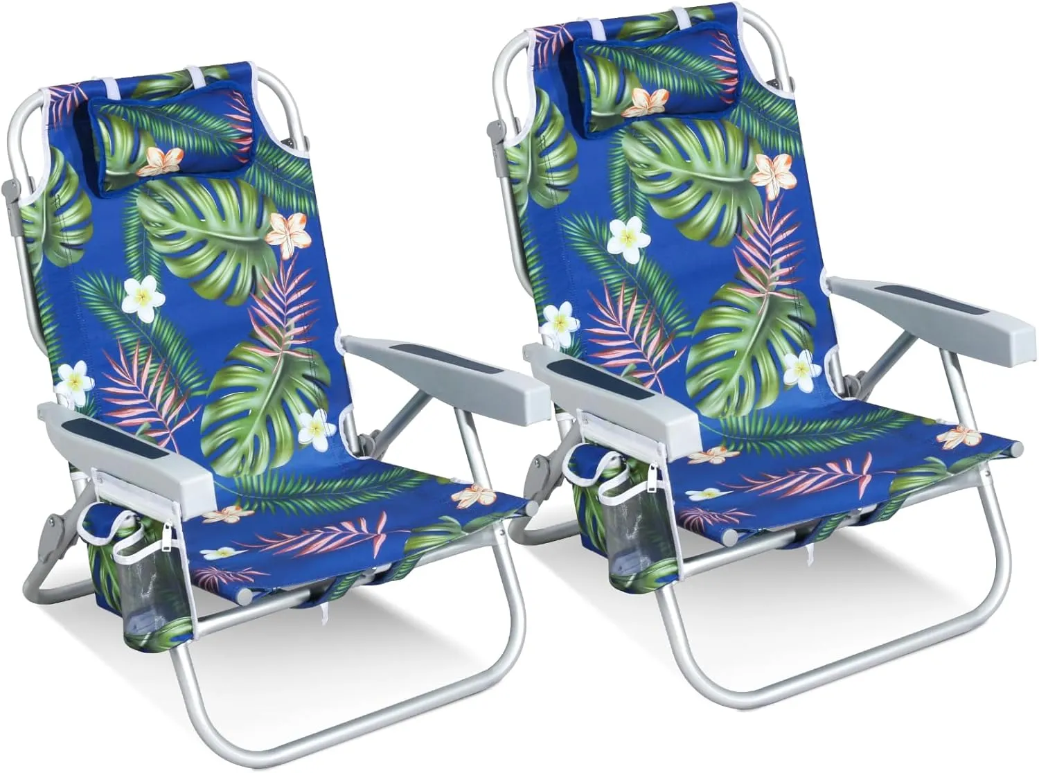 Reclining Low Beach Chairs for Adults 2 Pack with Backpack Straps, Portable Beach Chair with Cup Holder & Large Cooler Storage Bag Support 300LBS, Tropical Palm