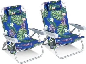 Reclining Low Beach Chairs for Adults 2 Pack with Backpack Straps, Portable Beach Chair with Cup Holder & Large Cooler Storage Bag Support 300LBS, Tropical Palm