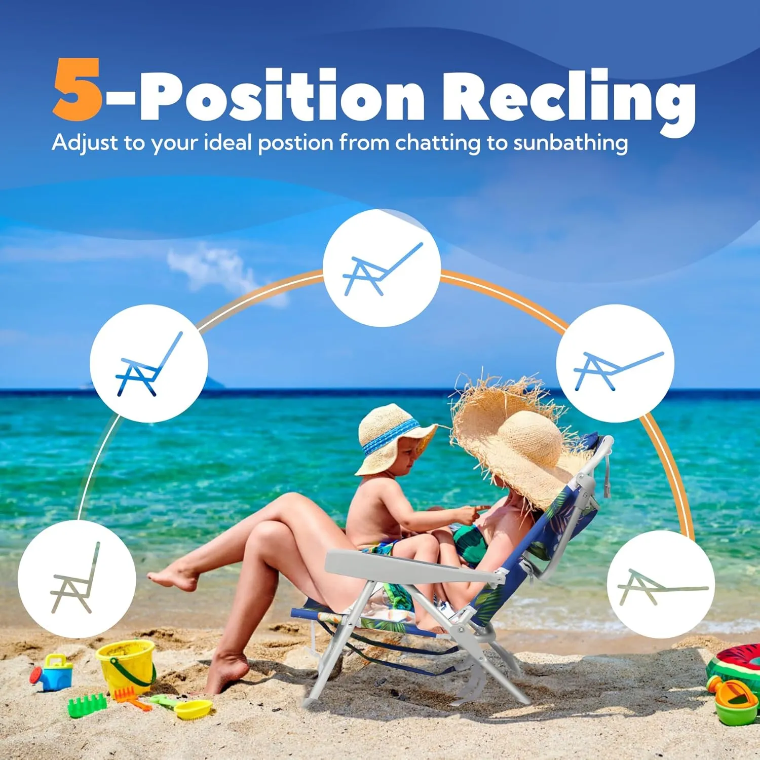 Reclining Low Beach Chairs for Adults 2 Pack with Backpack Straps, Portable Beach Chair with Cup Holder & Large Cooler Storage Bag Support 300LBS, Tropical Palm