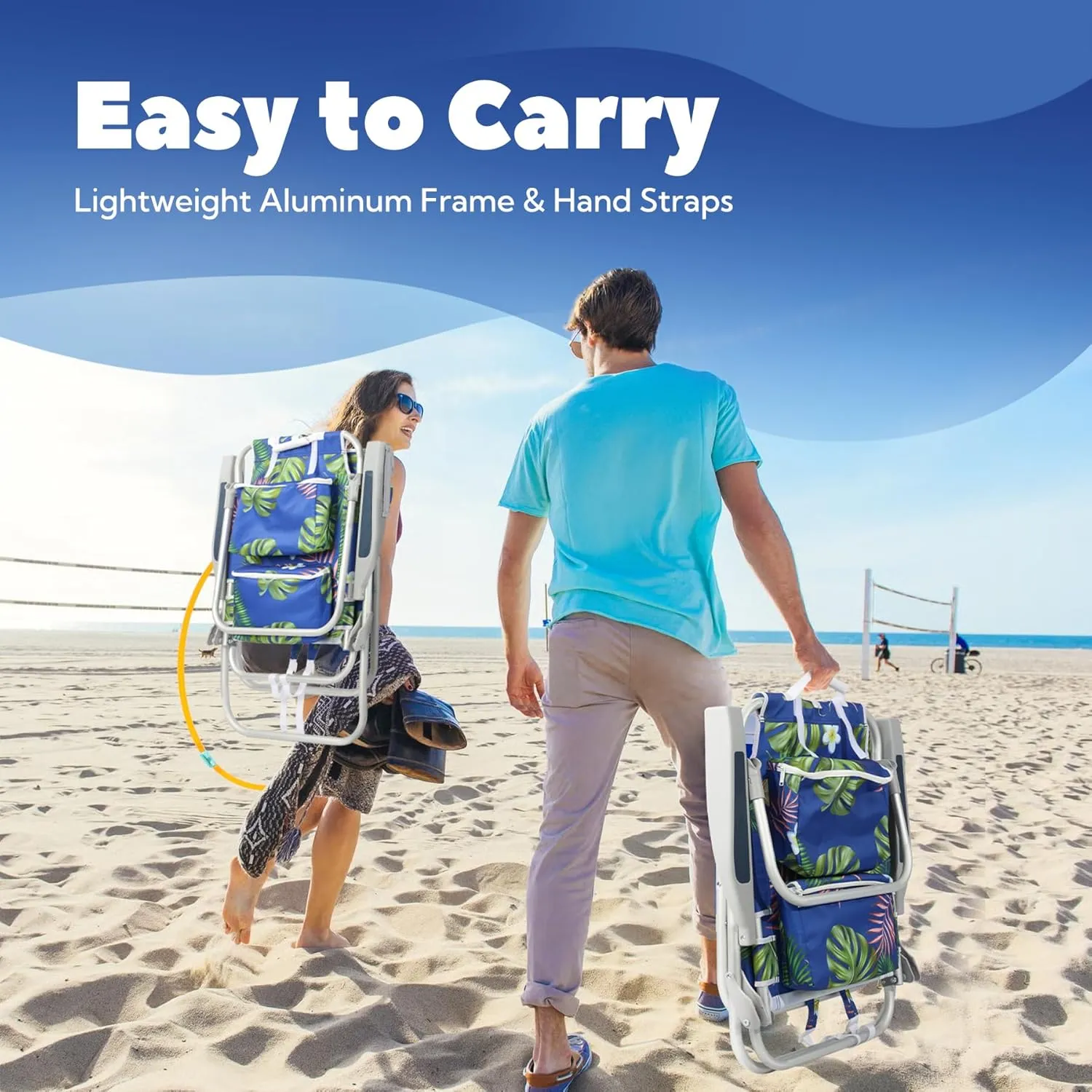 Reclining Low Beach Chairs for Adults 2 Pack with Backpack Straps, Portable Beach Chair with Cup Holder & Large Cooler Storage Bag Support 300LBS, Tropical Palm