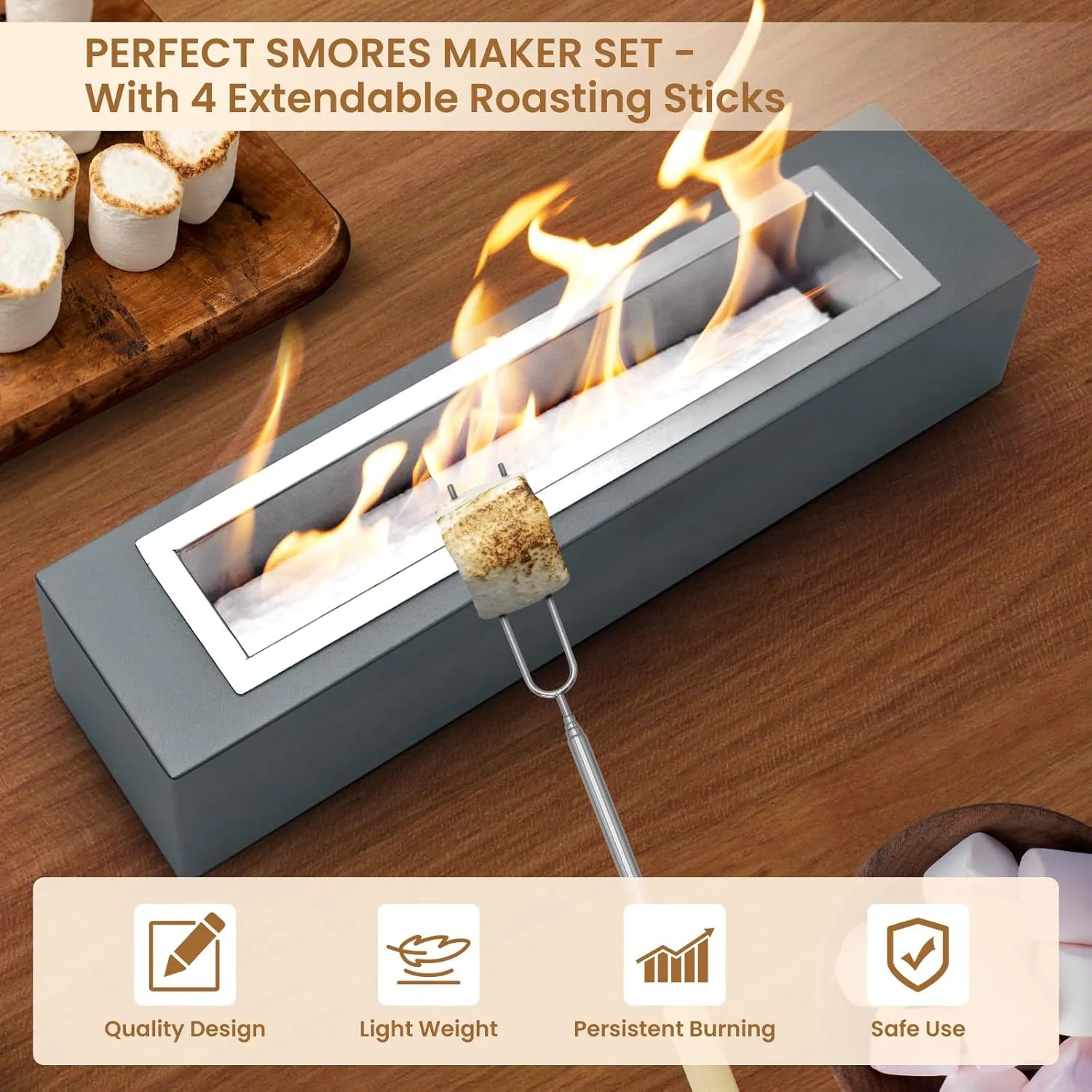 Rectangle Tabletop Fire Pit - Metal Design with 4 Extendable Roasting Sticks for S'Mores Perfect for Home Decor，Gatherings Wedding & Parties - Grey