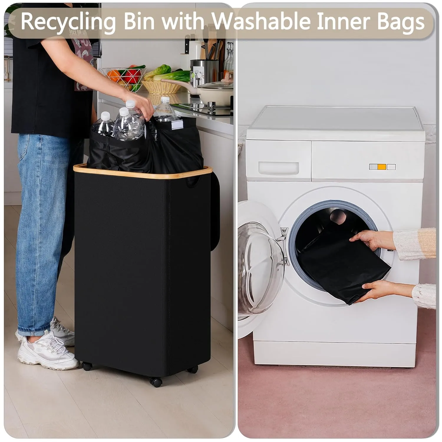 Recycle Bins for Kitchen 100L (26 Gallon), Recycling Bin with Wheels and 2 Removeable and Reusable Inner Bags, Kitchen Recycling bin with lid for Bottle Can Plastice Stickers, Black