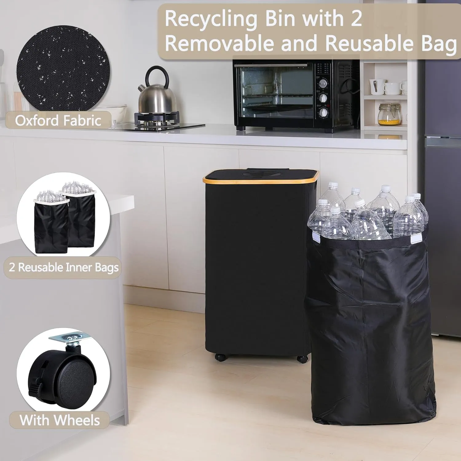 Recycle Bins for Kitchen 100L (26 Gallon), Recycling Bin with Wheels and 2 Removeable and Reusable Inner Bags, Kitchen Recycling bin with lid for Bottle Can Plastice Stickers, Black