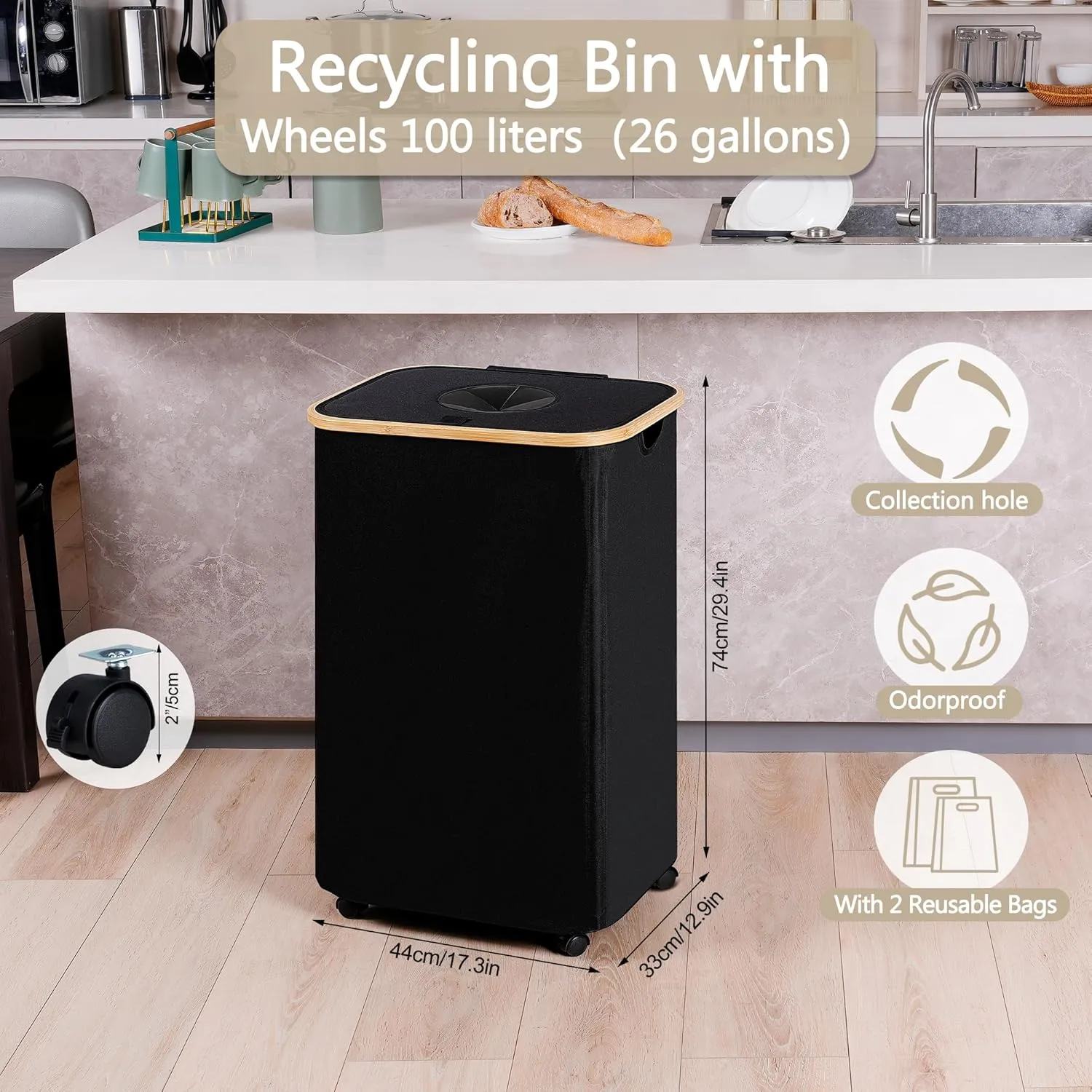 Recycle Bins for Kitchen 100L (26 Gallon), Recycling Bin with Wheels and 2 Removeable and Reusable Inner Bags, Kitchen Recycling bin with lid for Bottle Can Plastice Stickers, Black