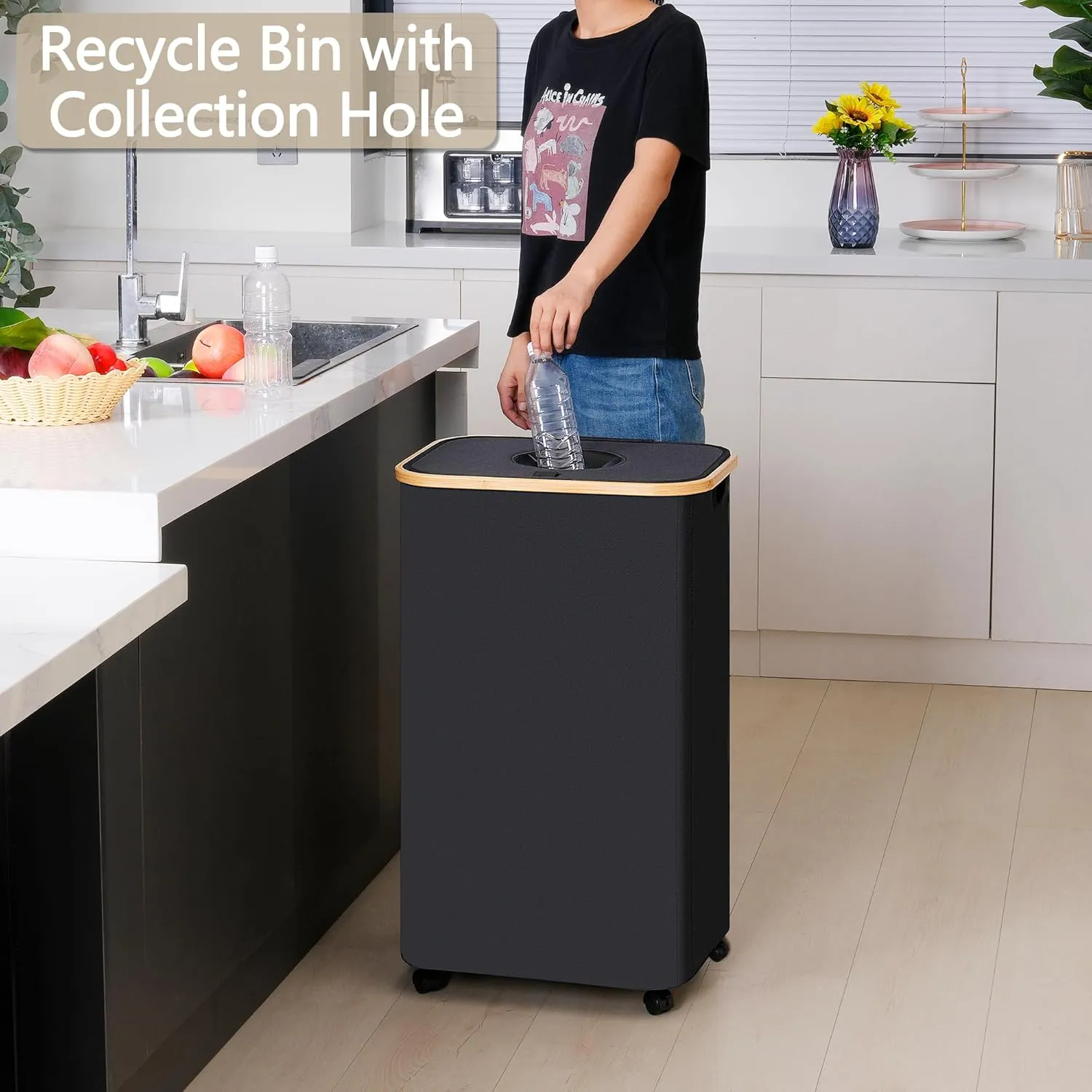 Recycle Bins for Kitchen 100L (26 Gallon), Recycling Bin with Wheels and 2 Removeable and Reusable Inner Bags, Kitchen Recycling bin with lid for Bottle Can Plastice Stickers, Black