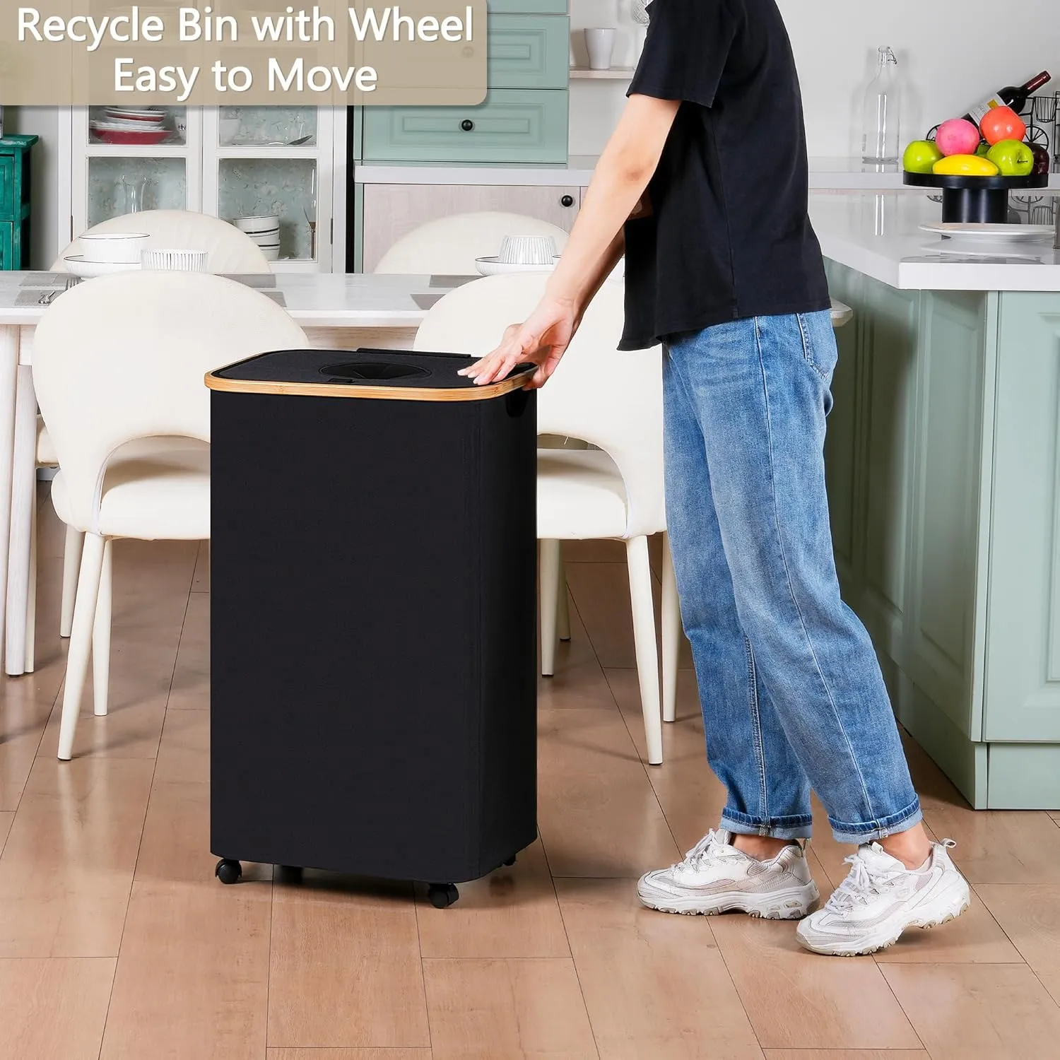 Recycle Bins for Kitchen 100L (26 Gallon), Recycling Bin with Wheels and 2 Removeable and Reusable Inner Bags, Kitchen Recycling bin with lid for Bottle Can Plastice Stickers, Black