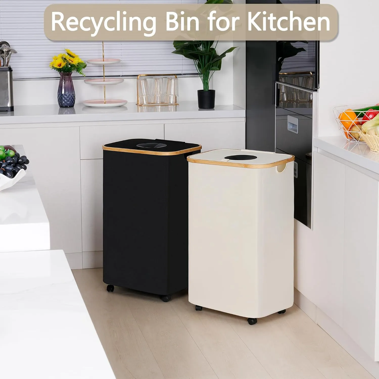 Recycle Bins for Kitchen 100L (26 Gallon), Recycling Bin with Wheels and 2 Removeable and Reusable Inner Bags, Kitchen Recycling bin with lid for Bottle Can Plastice Stickers, Black