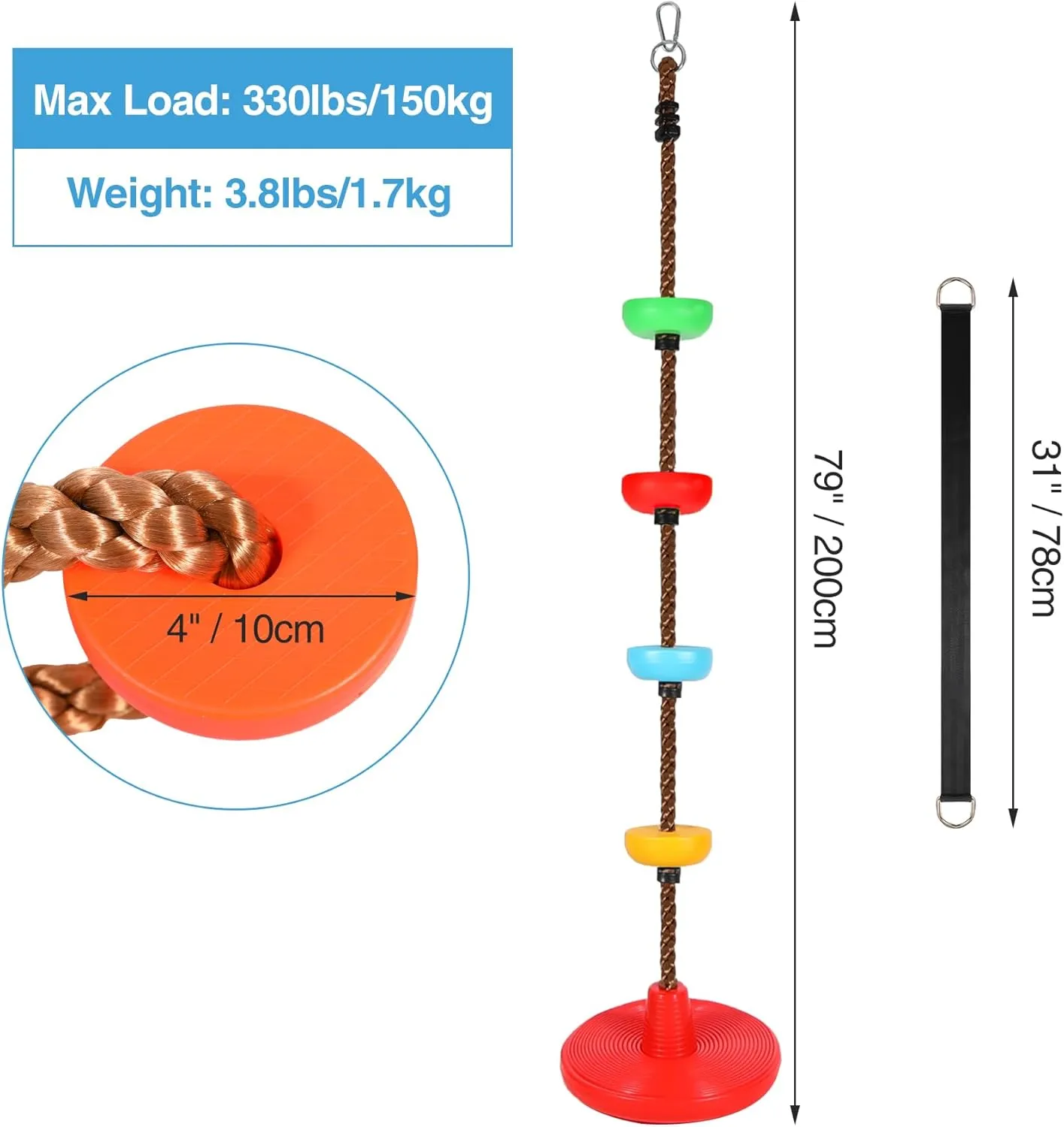 REDCAMP Climbing Rope Swings for Trees, Heavy Duty Plastic Disc Swing Seat for Kids and Adults with Hanging Strap and Snap Hooks, Red