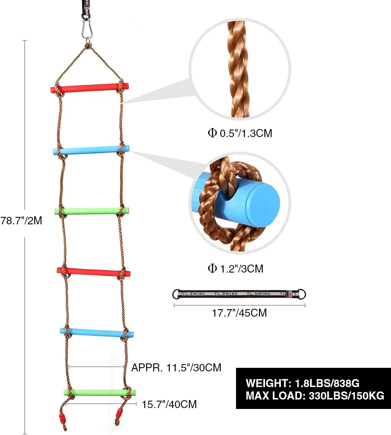 RedSwing 6.6 Ft Rope Ladder for Kids, Climbing Ladder with 1 Strap, Great for Swing Set, Outdoor, Tree House, Playground, Ninja Slackline
