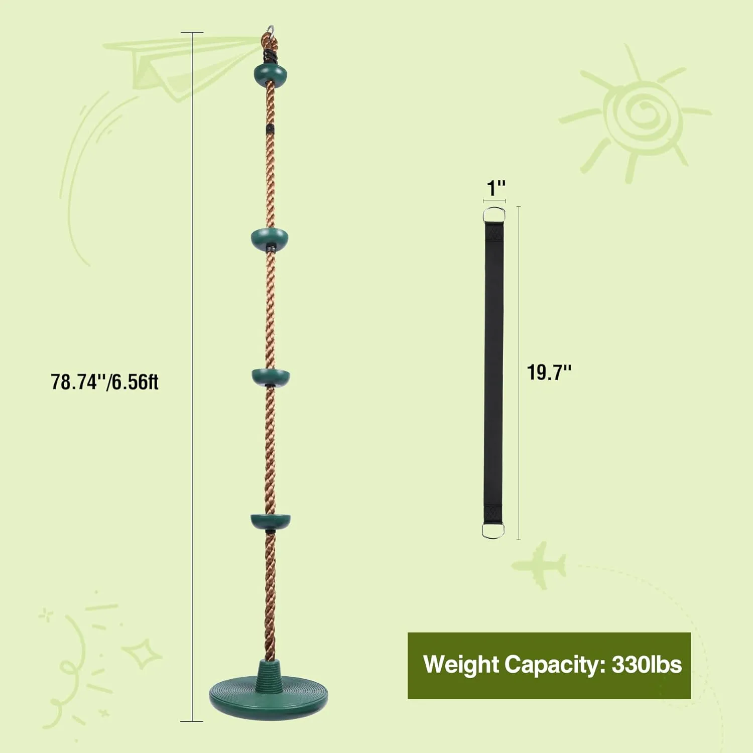 RedSwing Climbing Rope Swing for Trees, Heavy Duty Plastic Disc Swing Seat for Kids and Adults with Hanging Strap and Snap Hooks,Green
