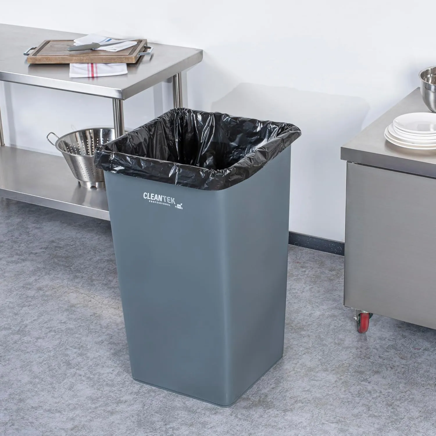 Restaurantware-Clean Tek Professional 50 Gallon Trash Can, 1 Square Waste Basket - Space Saving, Heavy-Duty, Gray Plastic Garbage Bin, For Commercial Space, Office, Store, Restaurant, And More