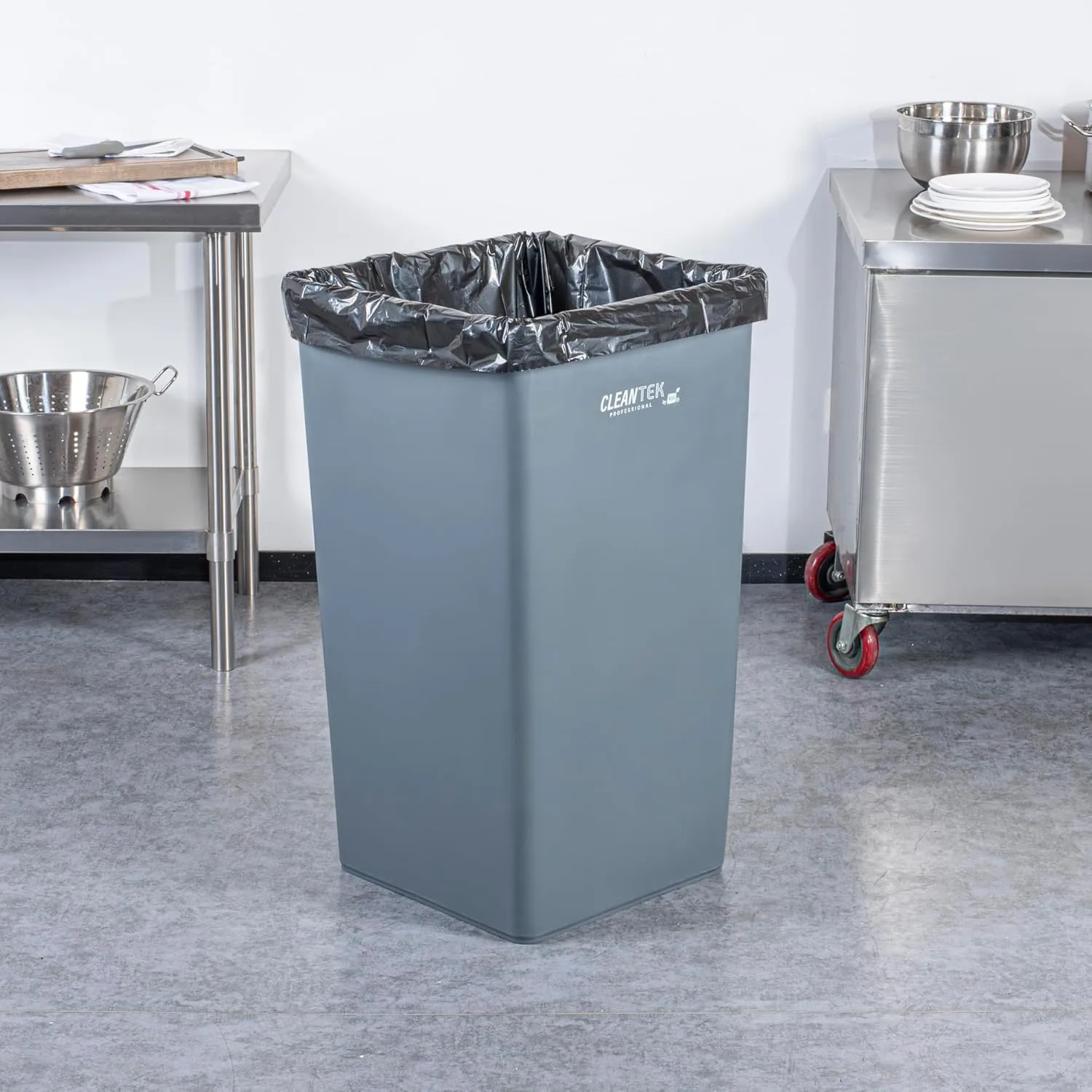 Restaurantware-Clean Tek Professional 50 Gallon Trash Can, 1 Square Waste Basket - Space Saving, Heavy-Duty, Gray Plastic Garbage Bin, For Commercial Space, Office, Store, Restaurant, And More