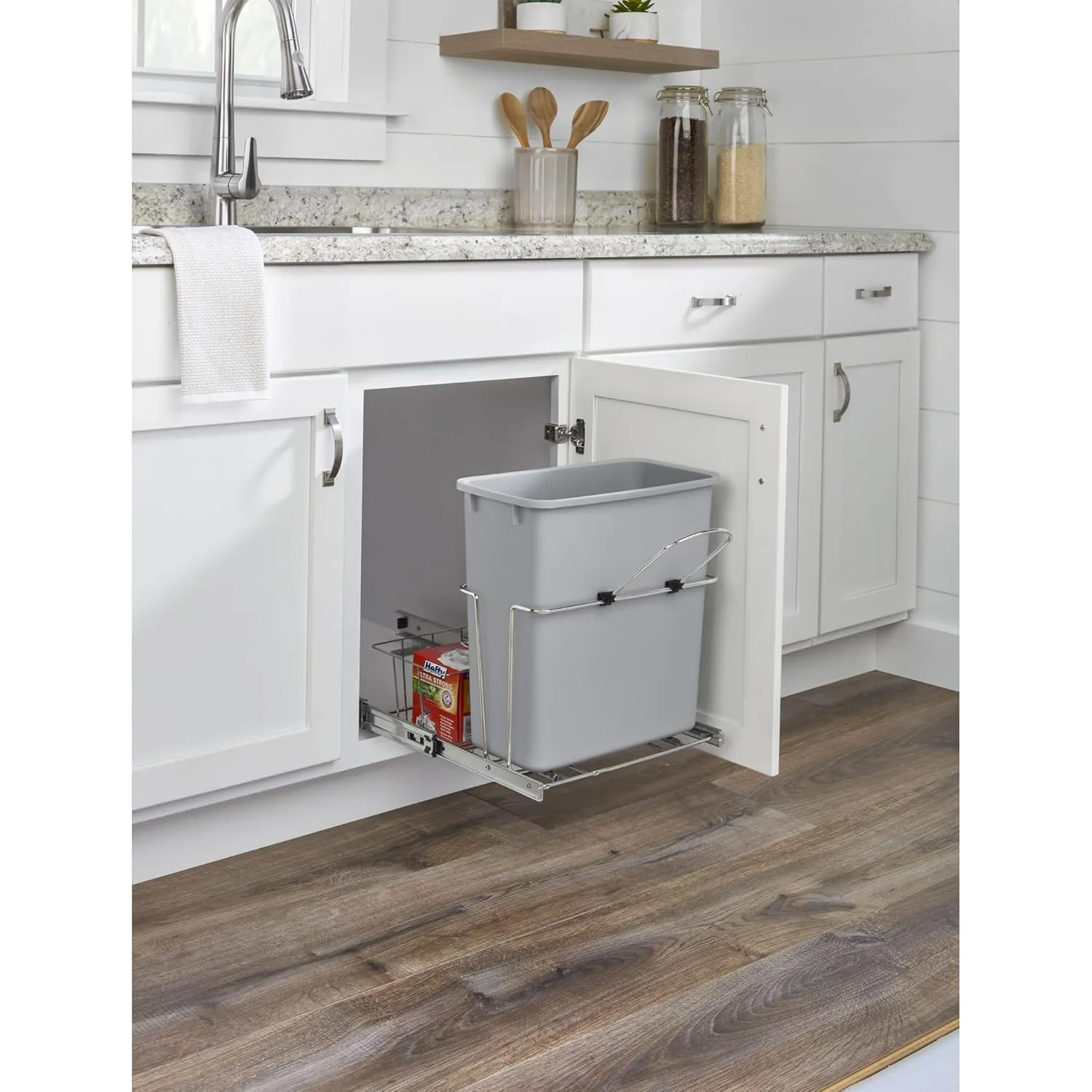 Rev-A-Shelf 20 Quart Pullout Kitchen Cabinet Metal Wire Sliding Universal Trash Can with Rear Basket for Waste Disposal and Organization RUKD-1420RB-1