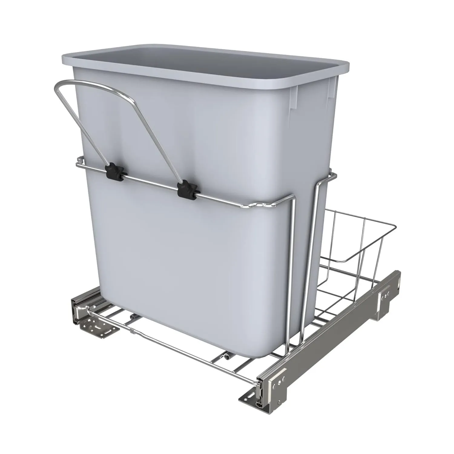 Rev-A-Shelf 20 Quart Pullout Kitchen Cabinet Metal Wire Sliding Universal Trash Can with Rear Basket for Waste Disposal and Organization RUKD-1420RB-1