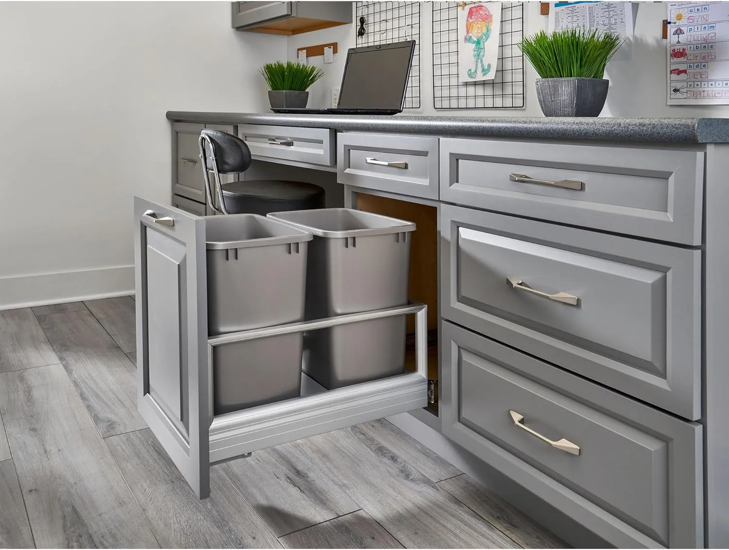 Rev-A-Shelf Double 35 Quart Pull Out Trash Can for Base Kitchen Cabinets, Storage Garage Bin on Wire Basket with Soft Close, Silver, 5149-18DM-217