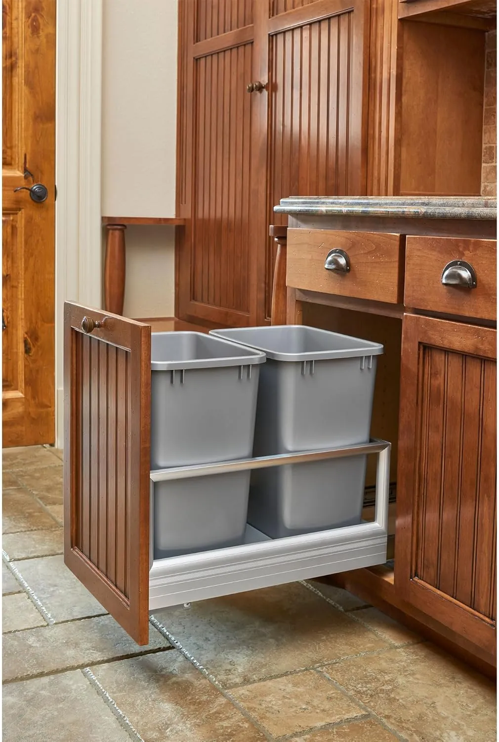 Rev-A-Shelf Double 35 Quart Pull Out Trash Can for Base Kitchen Cabinets, Storage Garage Bin on Wire Basket with Soft Close, Silver, 5149-18DM-217