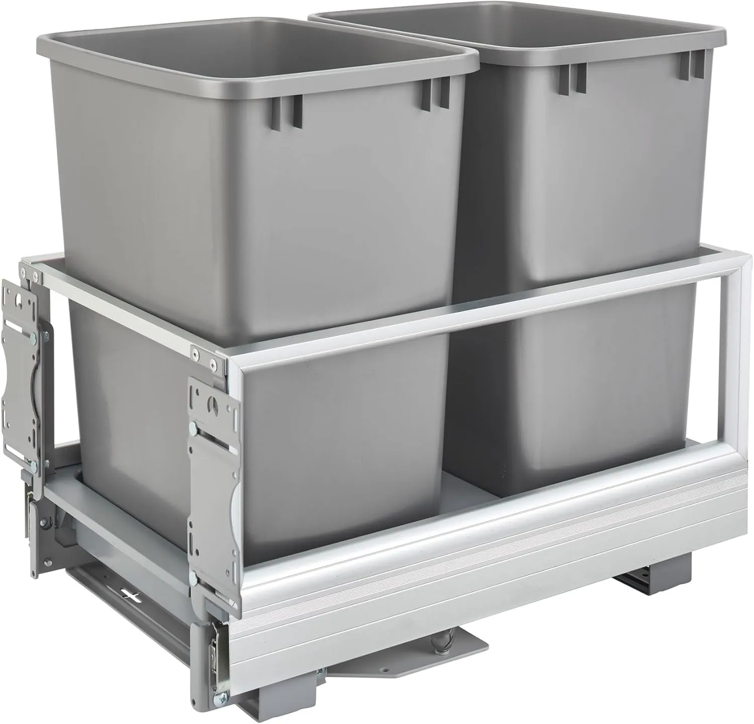 Rev-A-Shelf Double 35 Quart Pull Out Trash Can for Base Kitchen Cabinets, Storage Garage Bin on Wire Basket with Soft Close, Silver, 5149-18DM-217