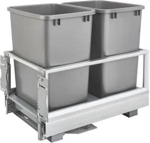 Rev-A-Shelf Double 35 Quart Pull Out Trash Can for Base Kitchen Cabinets, Storage Garage Bin on Wire Basket with Soft Close, Silver, 5149-18DM-217