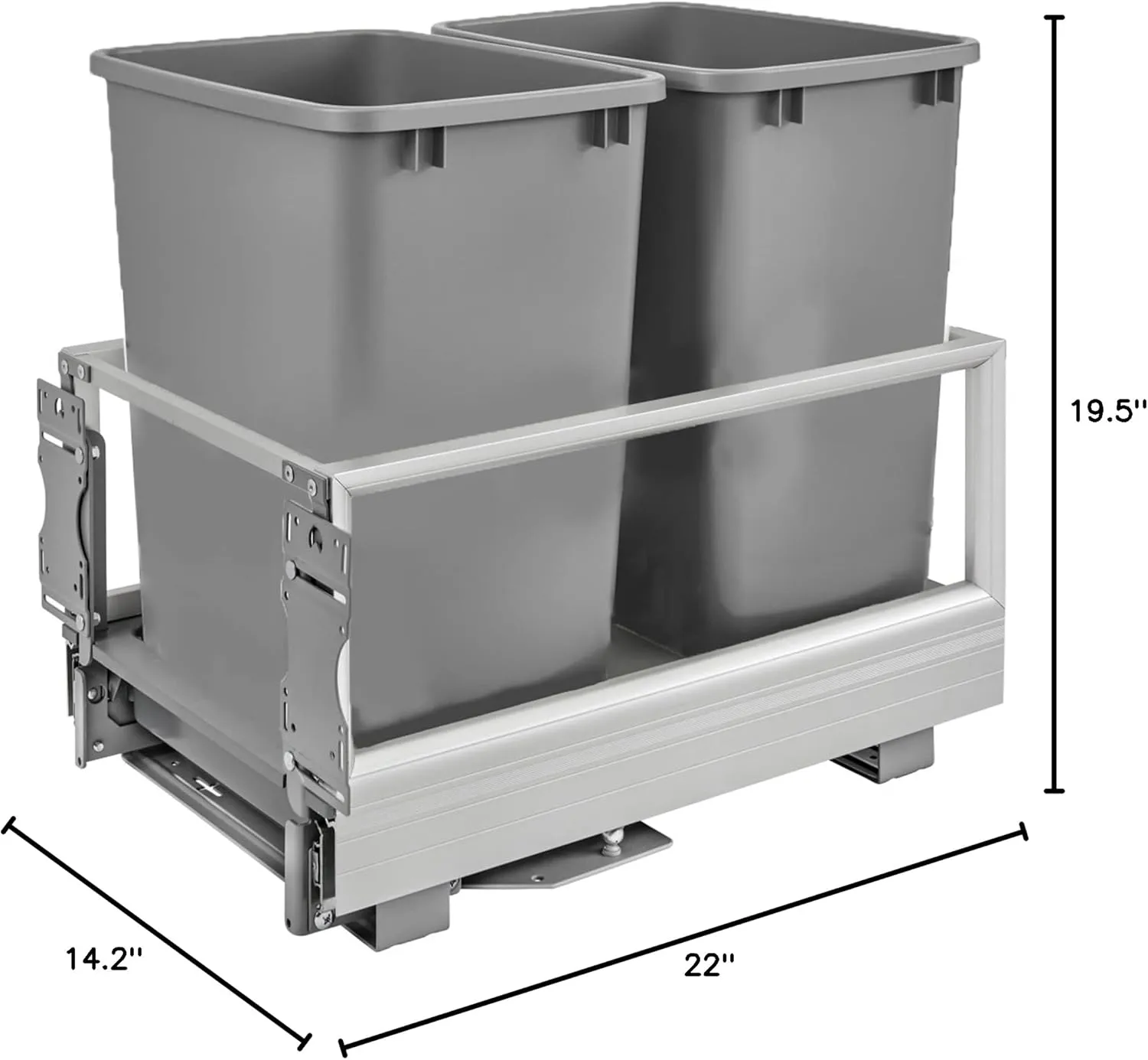 Rev-A-Shelf Double 35 Quart Pull Out Trash Can for Base Kitchen Cabinets, Storage Garage Bin on Wire Basket with Soft Close, Silver, 5149-18DM-217