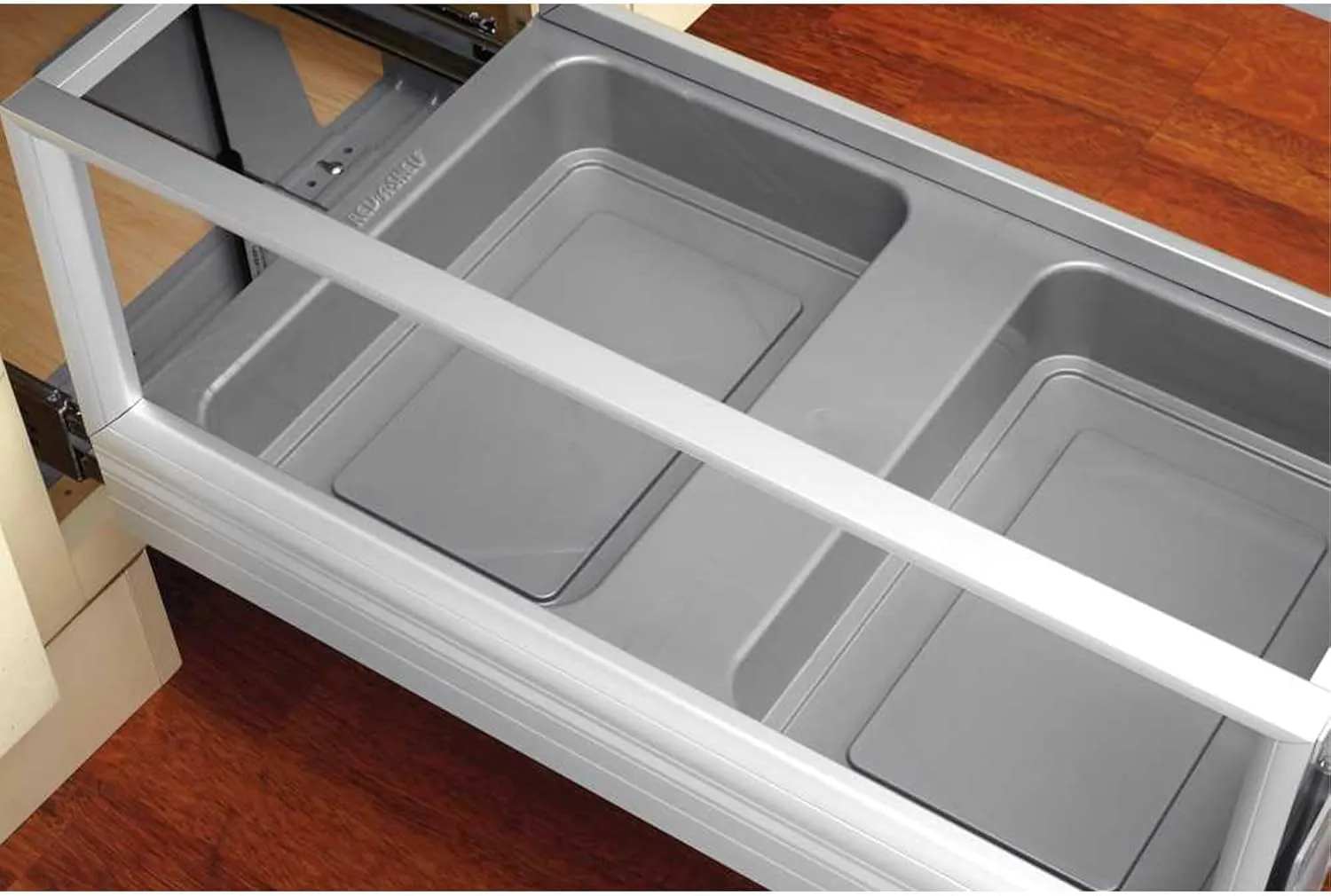 Rev-A-Shelf Double 35 Quart Pull Out Trash Can for Base Kitchen Cabinets, Storage Garage Bin on Wire Basket with Soft Close, Silver, 5149-18DM-217