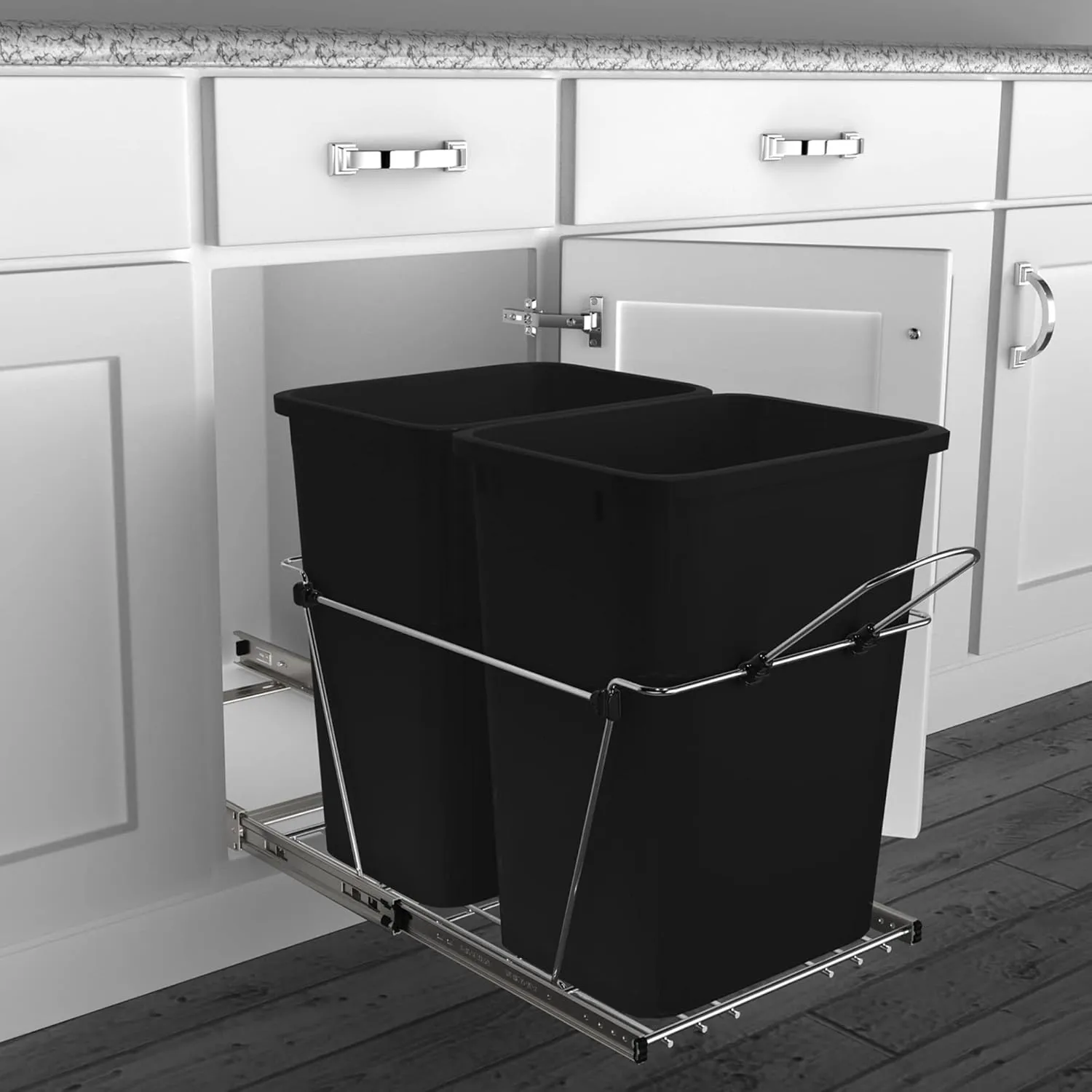 Rev-A-Shelf Double Pullout Trash Can for Kitchen Cabinets 35 Qt Garbage Recycling Bin on Full Extension Slides, Black, RV-18KD-18C S