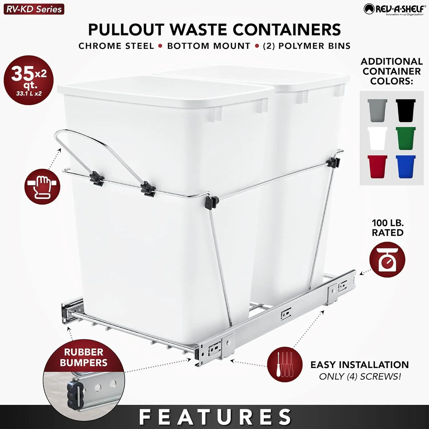 Rev-A-Shelf Double Pullout Trash Can for Kitchen Cabinets 35 Qt Garbage Recycling Bin on Full Extension Slides, Black, RV-18KD-18C S